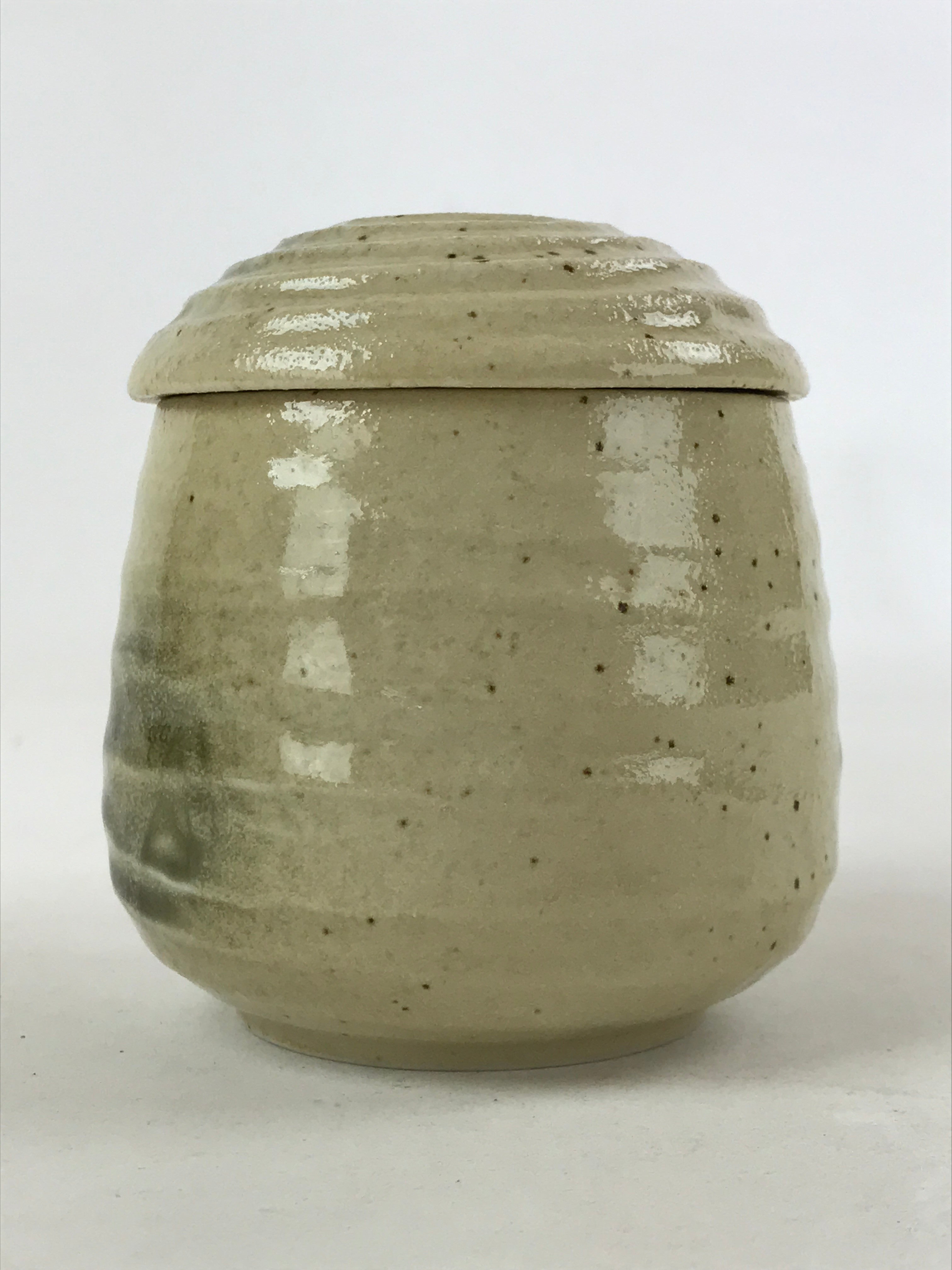 Japanese Ceramic Cup W/ Handle Lid Spoon Vtg Beige Green Condiment Box PY538