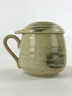 Japanese Ceramic Cup W/ Handle Lid Spoon Vtg Beige Green Condiment Box PY538