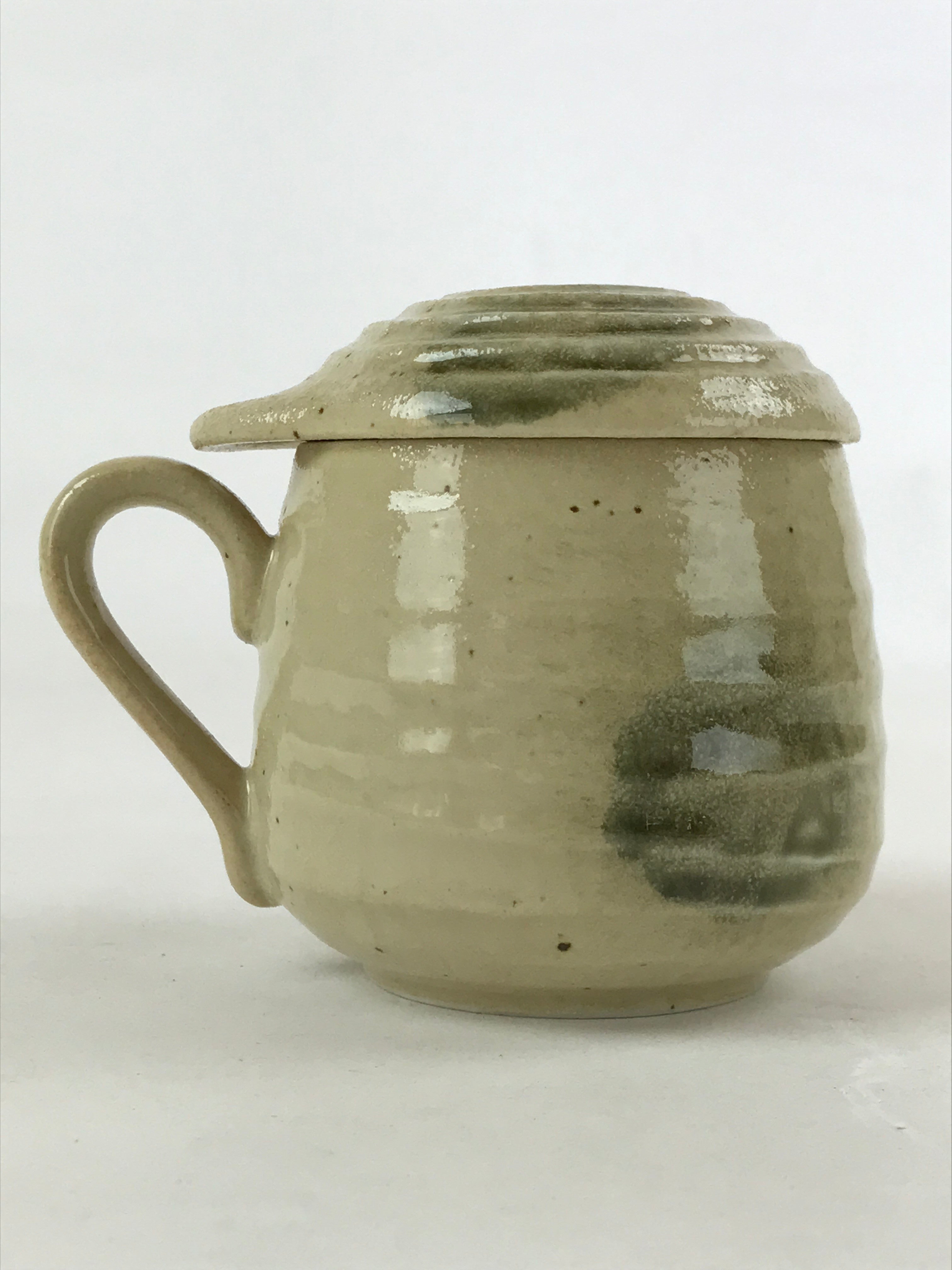 Japanese Ceramic Cup W/ Handle Lid Spoon Vtg Beige Green Condiment Box PY538