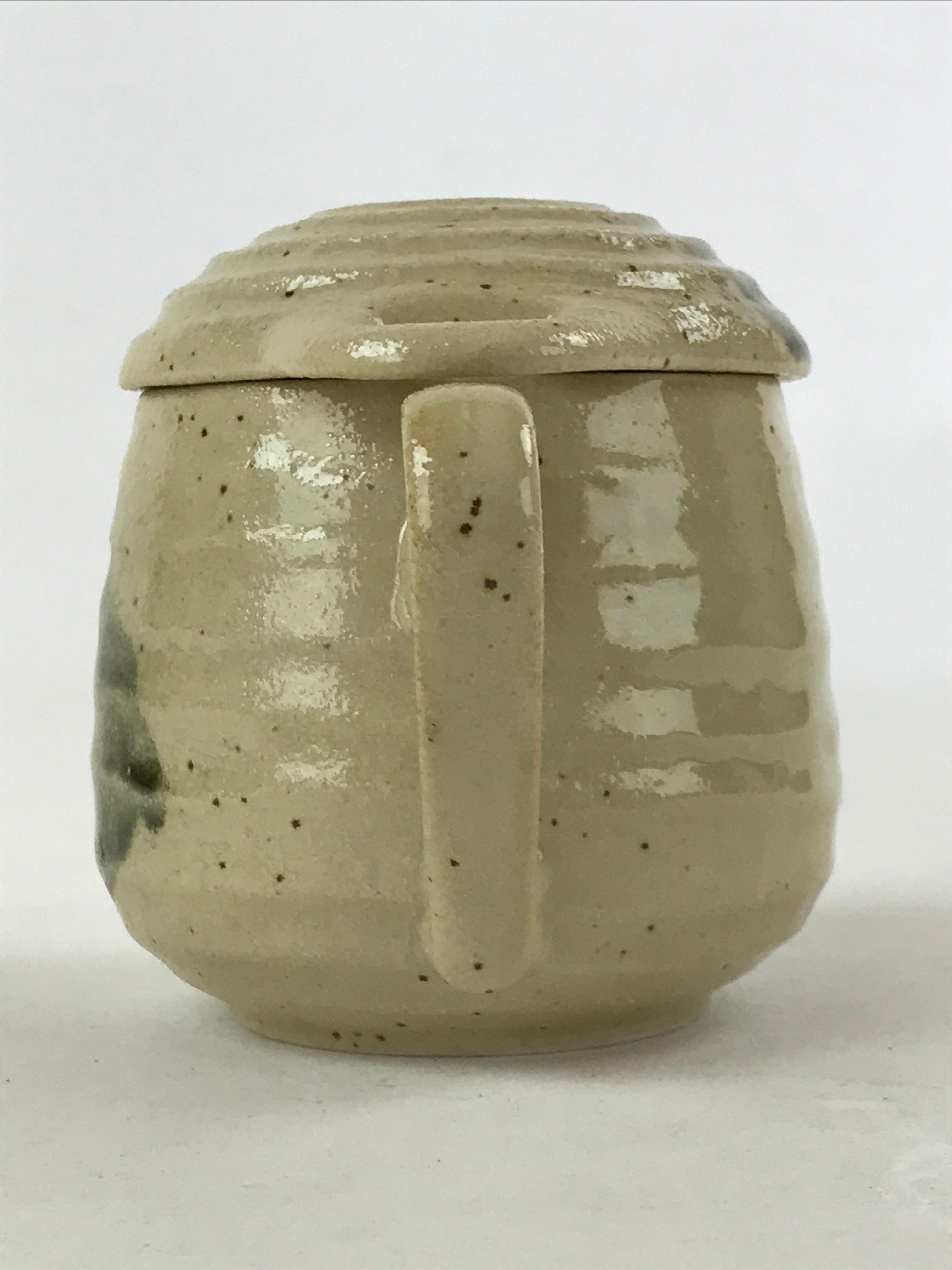 Japanese Ceramic Cup W/ Handle Lid Spoon Vtg Beige Green Condiment Box PY538