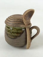 Japanese Ceramic Cup W/ Handle Lid Spoon Vtg Brown Green Condiment Box PY539