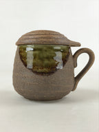 Japanese Ceramic Cup W/ Handle Lid Spoon Vtg Brown Green Condiment Box PY539