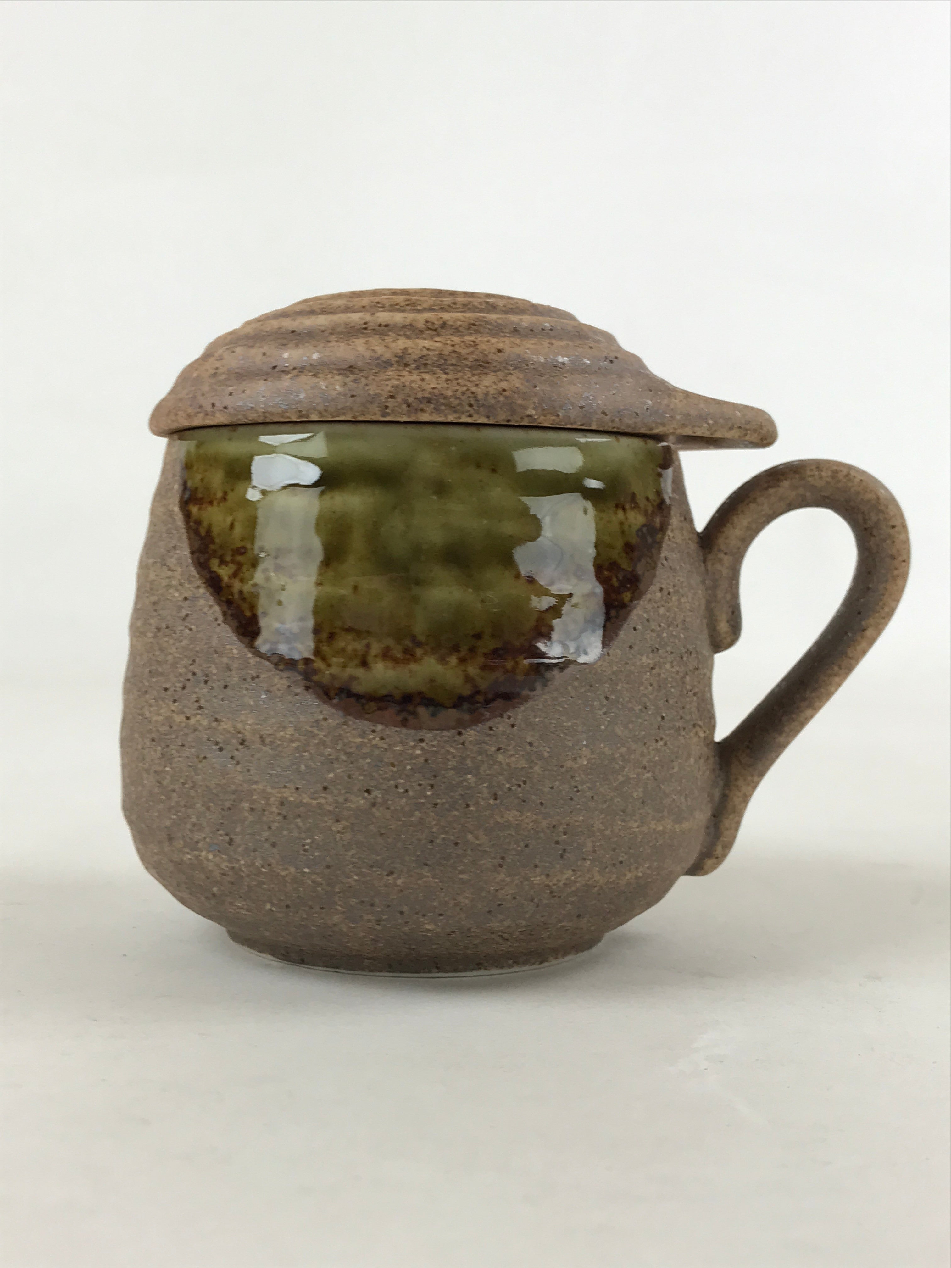 Japanese Ceramic Cup W/ Handle Lid Spoon Vtg Brown Green Condiment Box PY539