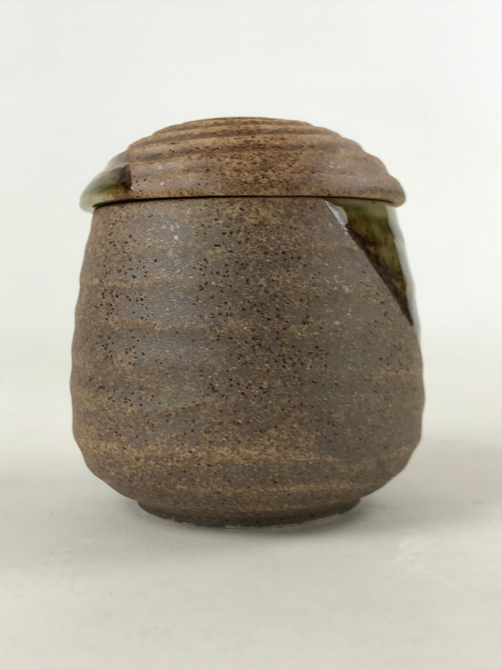 Japanese Ceramic Cup W/ Handle Lid Spoon Vtg Brown Green Condiment Box PY539