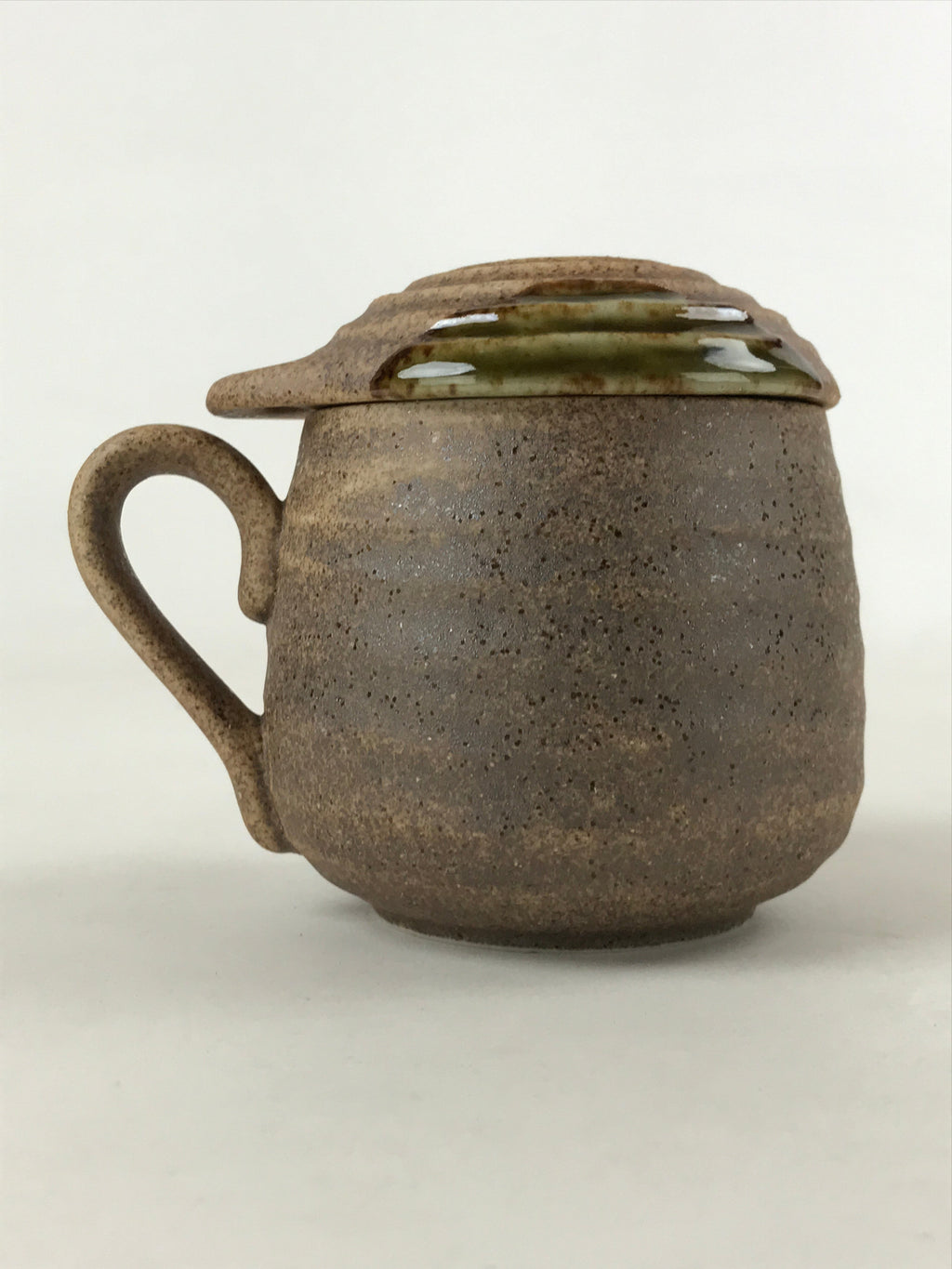 Japanese Ceramic Cup W/ Handle Lid Spoon Vtg Brown Green Condiment Box PY539