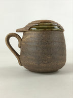 Japanese Ceramic Cup W/ Handle Lid Spoon Vtg Brown Green Condiment Box PY539