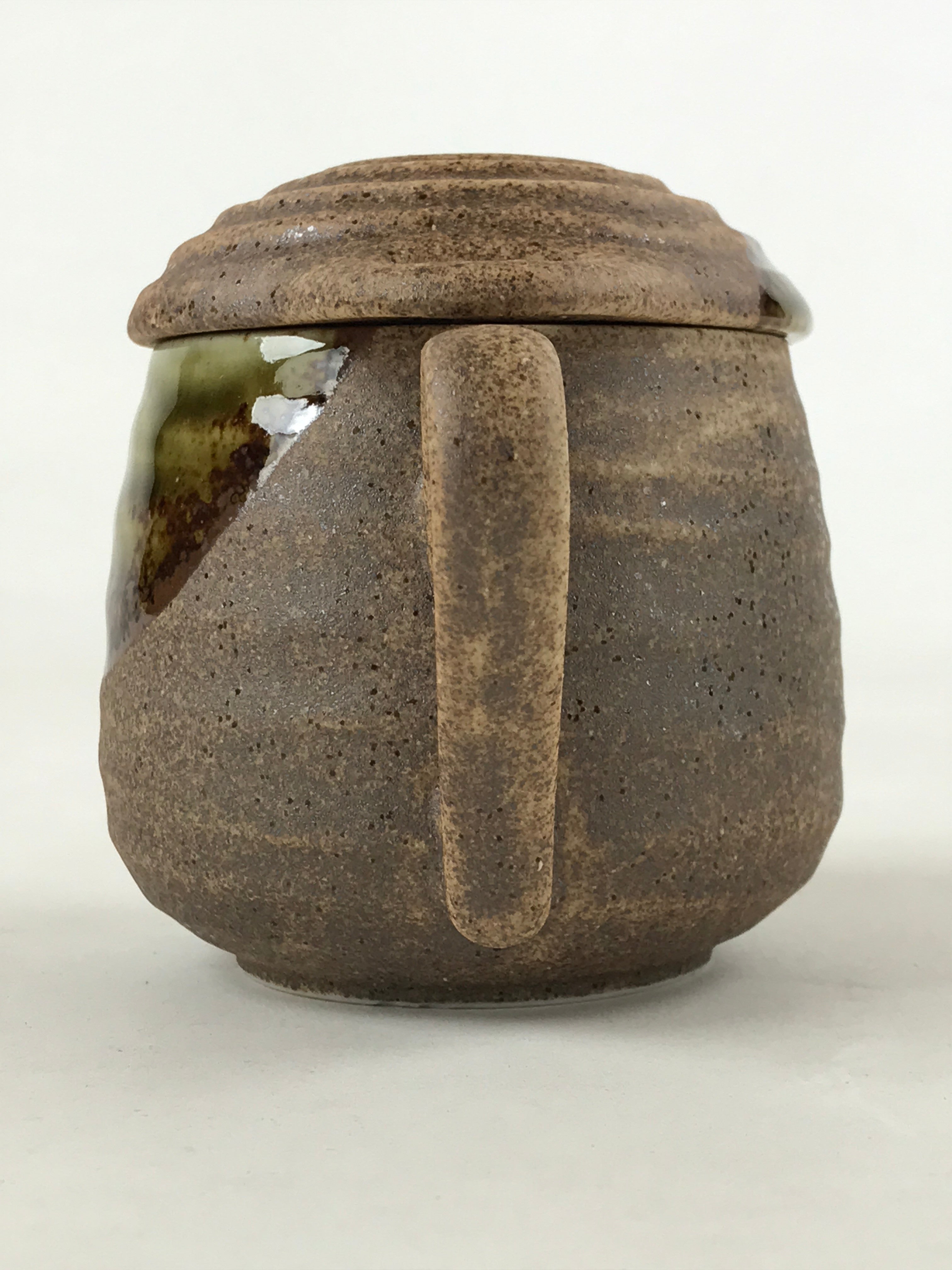 Japanese Ceramic Cup W/ Handle Lid Spoon Vtg Brown Green Condiment Box PY539