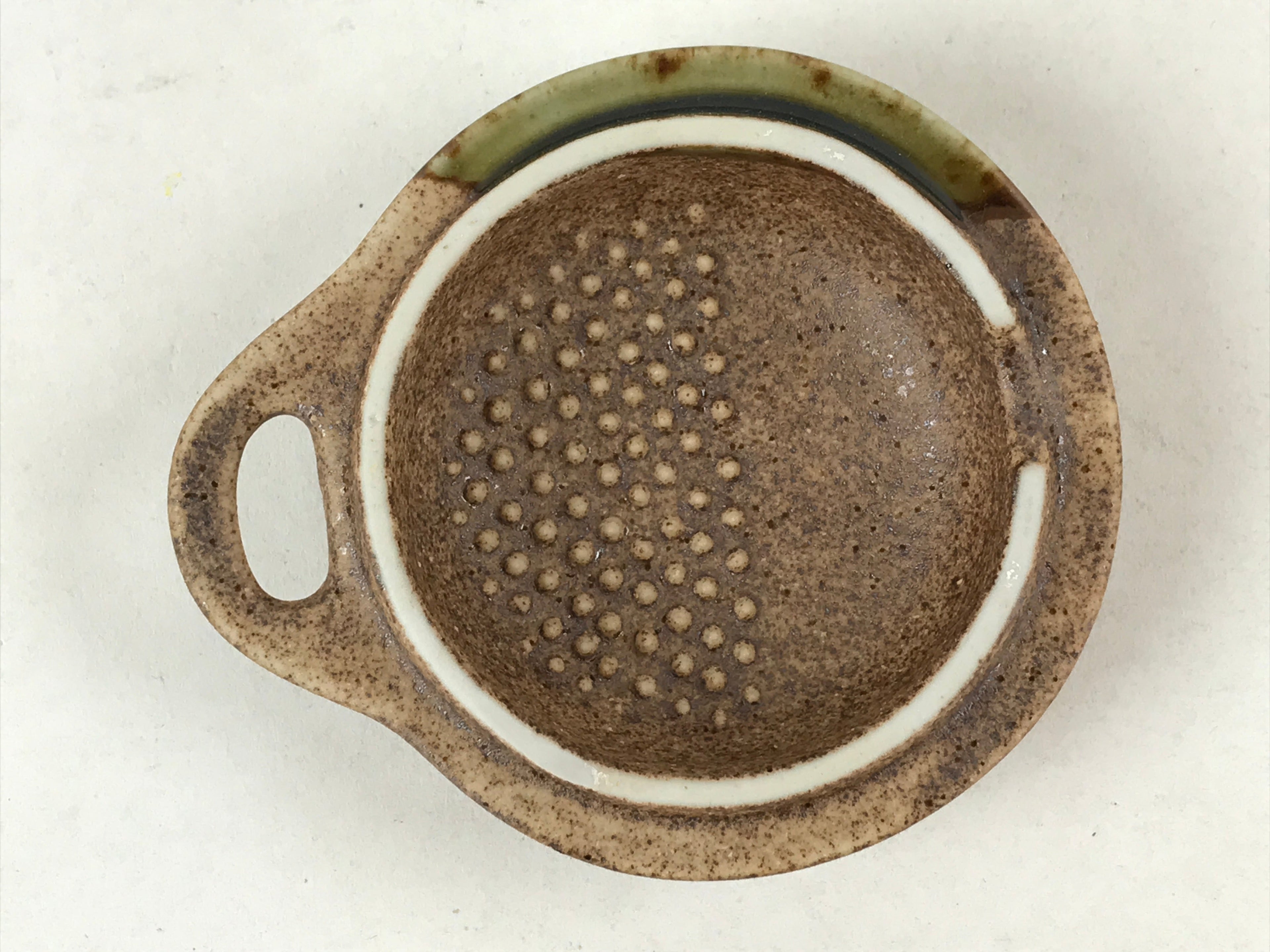 Japanese Ceramic Cup W/ Handle Lid Spoon Vtg Brown Green Condiment Box PY539