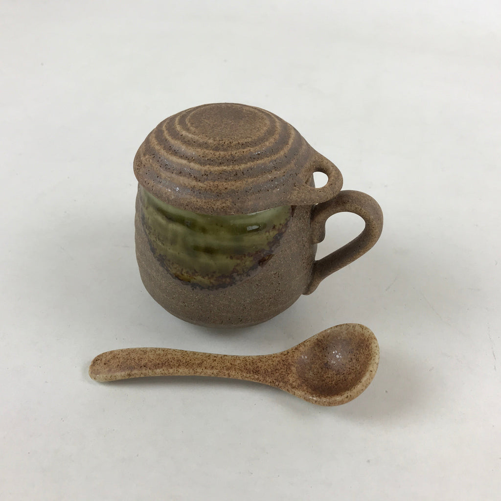 Japanese Ceramic Cup W/ Handle Lid Spoon Vtg Brown Green Condiment Box PY539