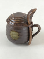Japanese Ceramic Cup W/ Handle Lid Spoon Vtg Dark Brown Condiment Box PY540
