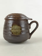 Japanese Ceramic Cup W/ Handle Lid Spoon Vtg Dark Brown Condiment Box PY540