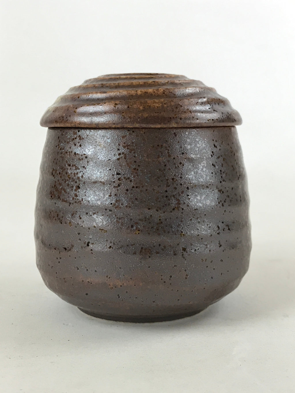 Japanese Ceramic Cup W/ Handle Lid Spoon Vtg Dark Brown Condiment Box PY540