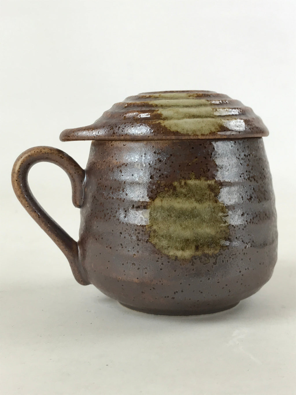 Japanese Ceramic Cup W/ Handle Lid Spoon Vtg Dark Brown Condiment Box PY540