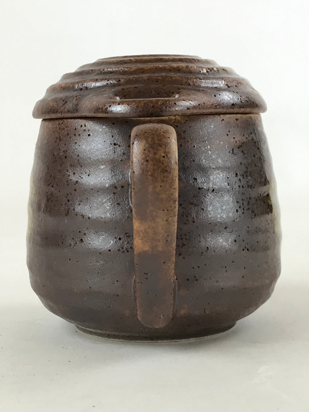 Japanese Ceramic Cup W/ Handle Lid Spoon Vtg Dark Brown Condiment Box PY540