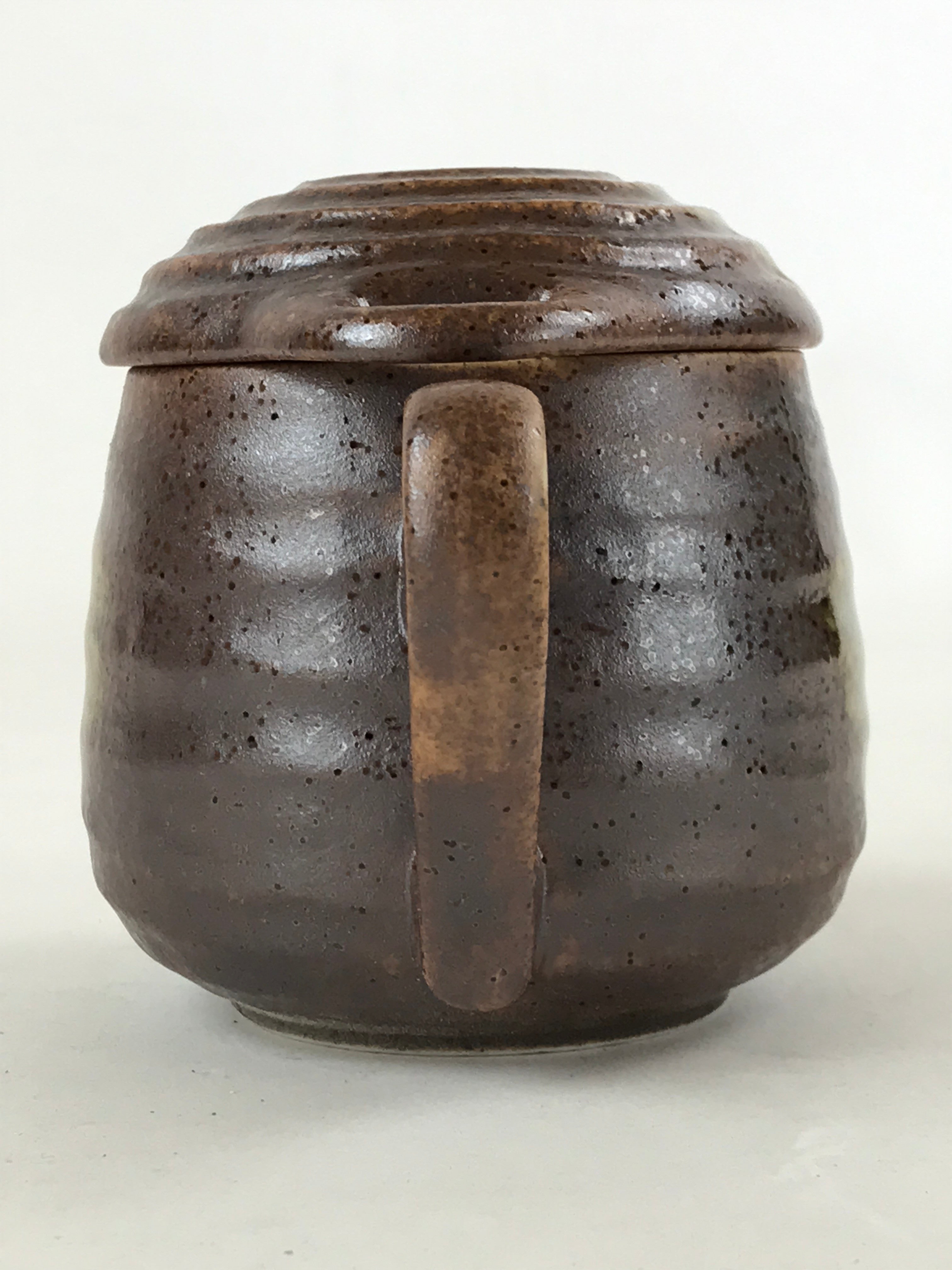 Japanese Ceramic Cup W/ Handle Lid Spoon Vtg Dark Brown Condiment Box PY540