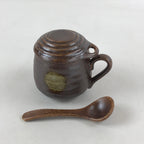 Japanese Ceramic Cup W/ Handle Lid Spoon Vtg Dark Brown Condiment Box PY540