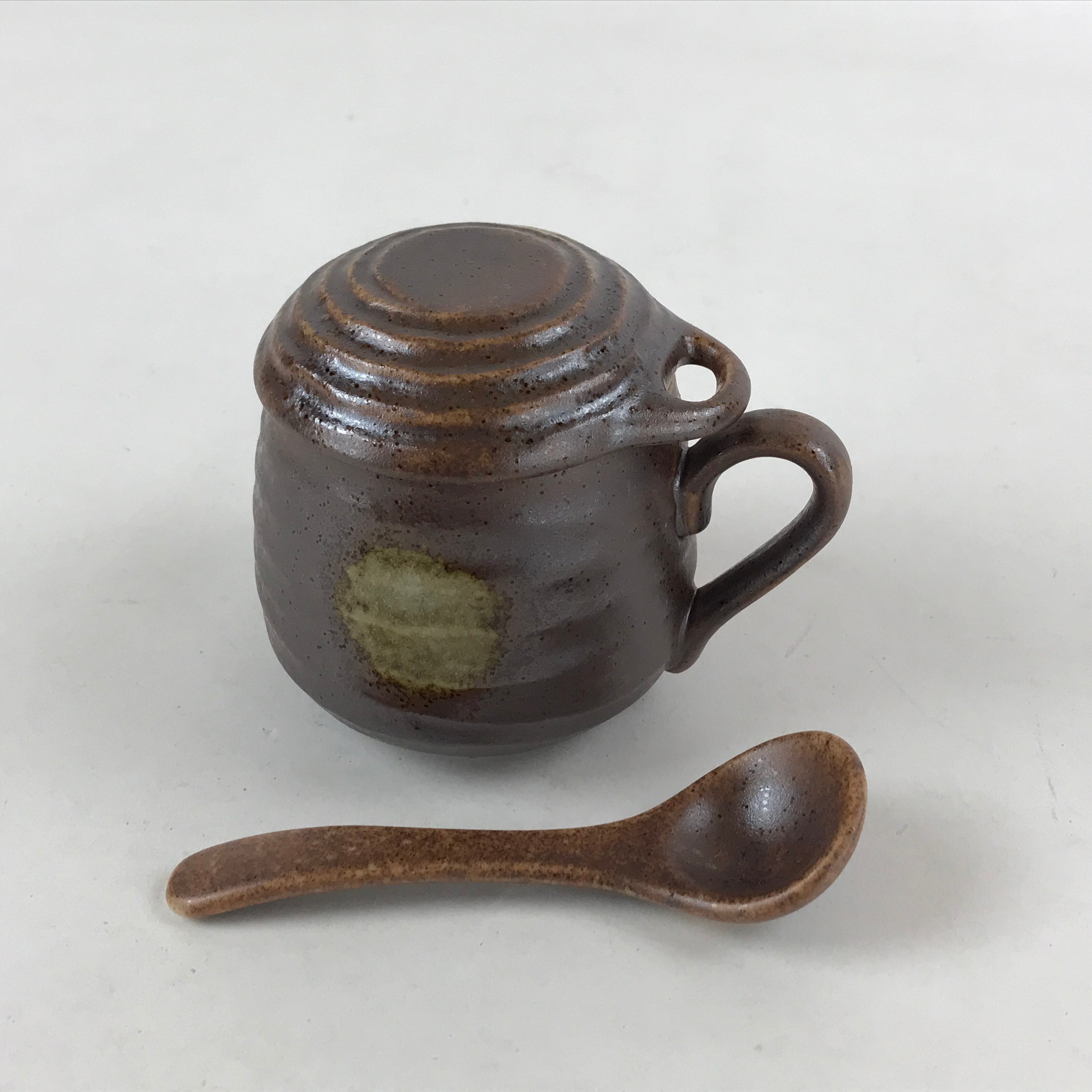 Japanese Ceramic Cup W/ Handle Lid Spoon Vtg Dark Brown Condiment Box PY540