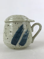 Japanese Ceramic Cup W/ Handle Lid Spoon Vtg Gray Blue Condiment Box PY537