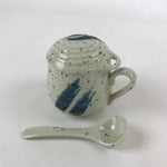 Japanese Ceramic Cup W/ Handle Lid Spoon Vtg Gray Blue Condiment Box PY537