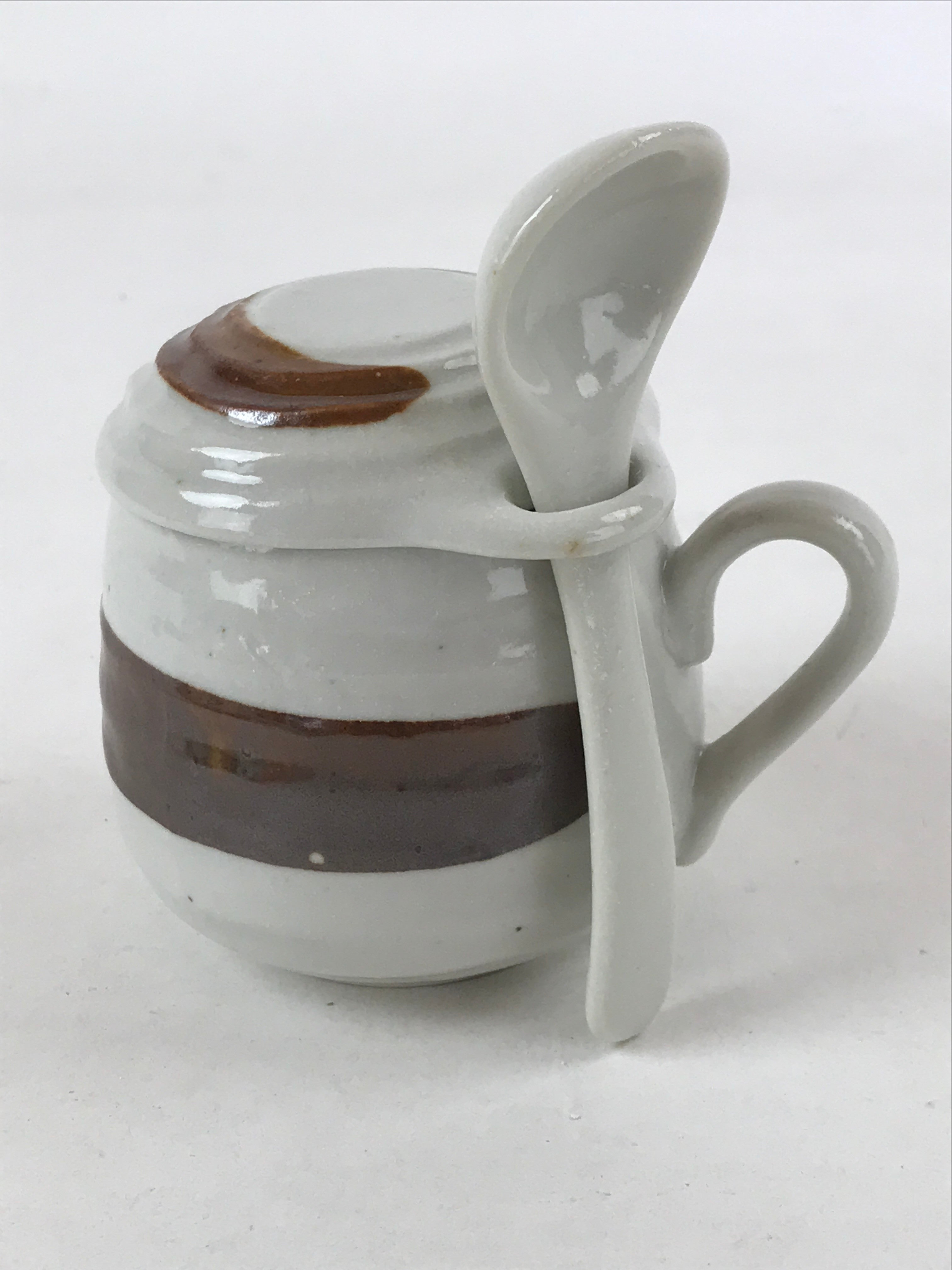 Japanese Ceramic Cup W/ Handle Lid Spoon Vtg White Brown Condiment Box PY536