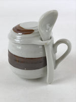 Japanese Ceramic Cup W/ Handle Lid Spoon Vtg White Brown Condiment Box PY536