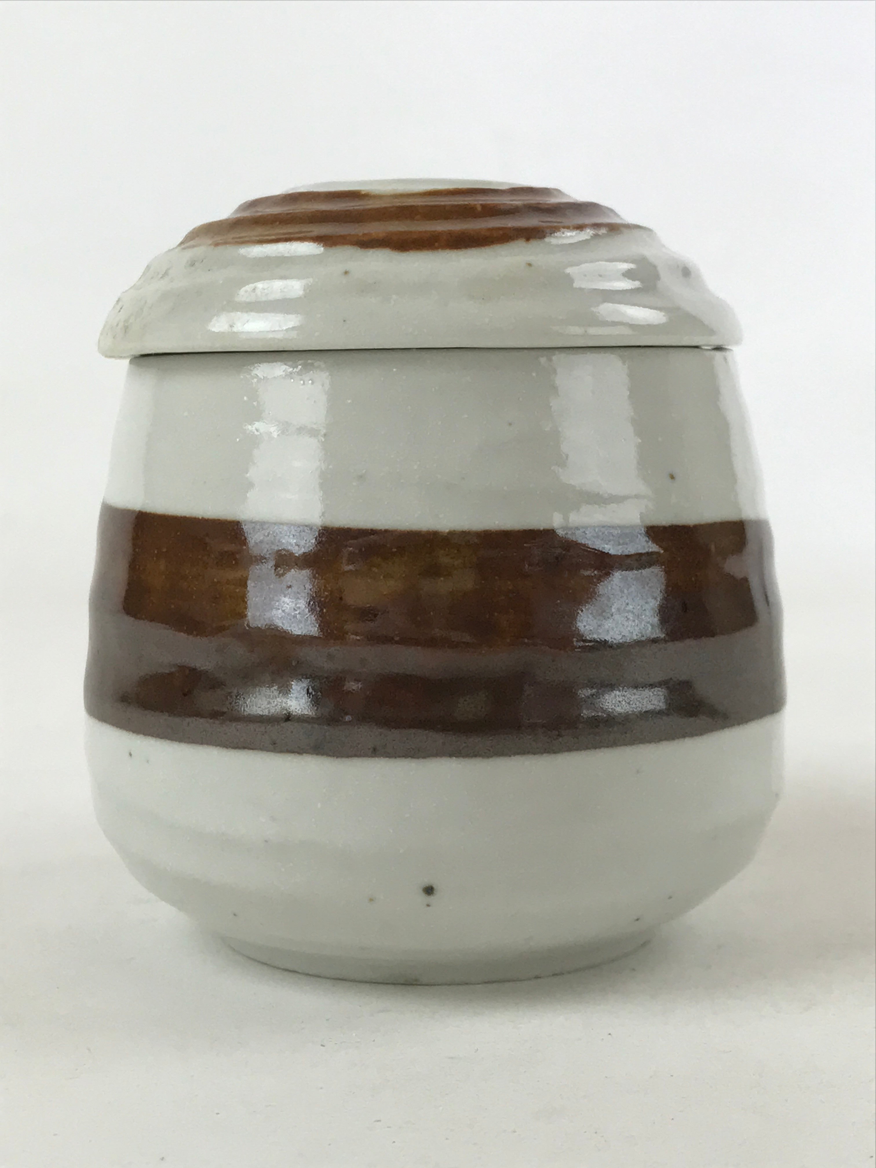 Japanese Ceramic Cup W/ Handle Lid Spoon Vtg White Brown Condiment Box PY536