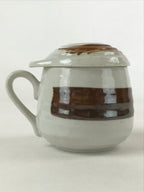 Japanese Ceramic Cup W/ Handle Lid Spoon Vtg White Brown Condiment Box PY536