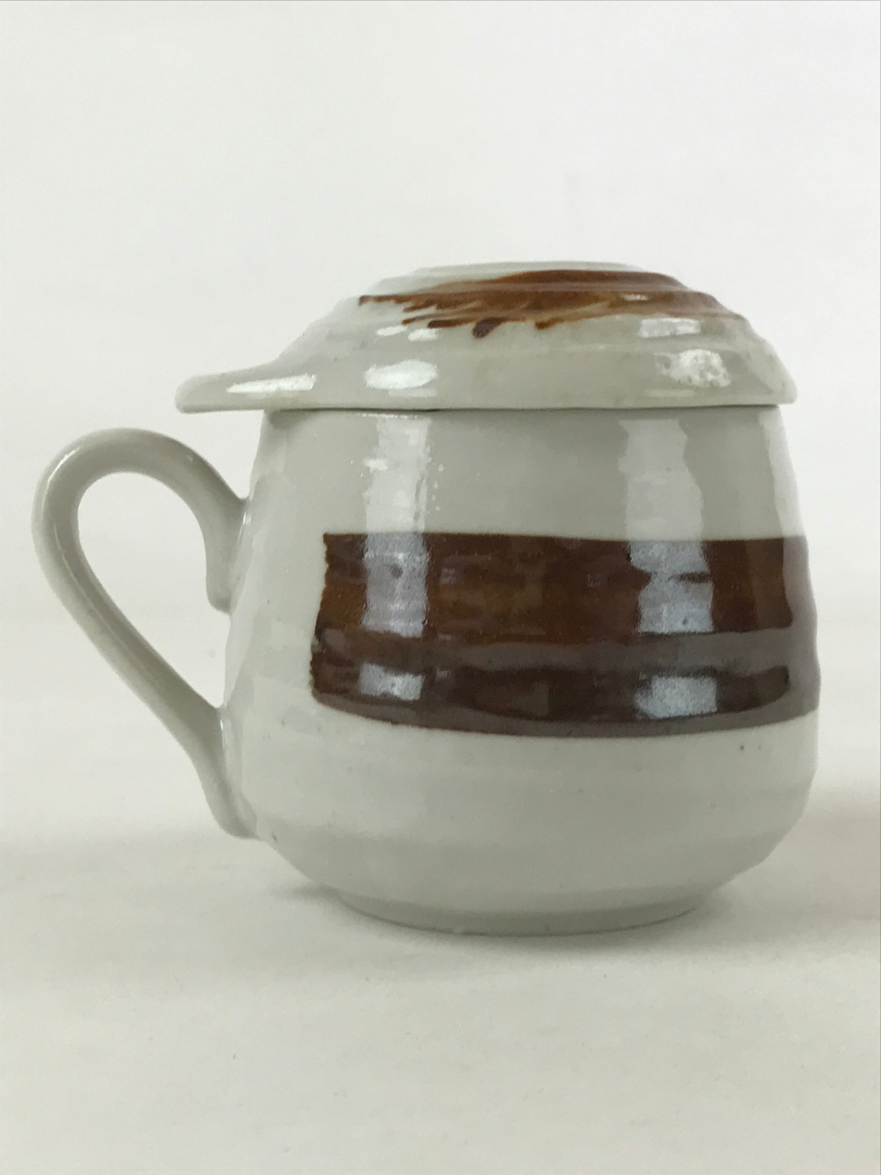 Japanese Ceramic Cup W/ Handle Lid Spoon Vtg White Brown Condiment Box PY536