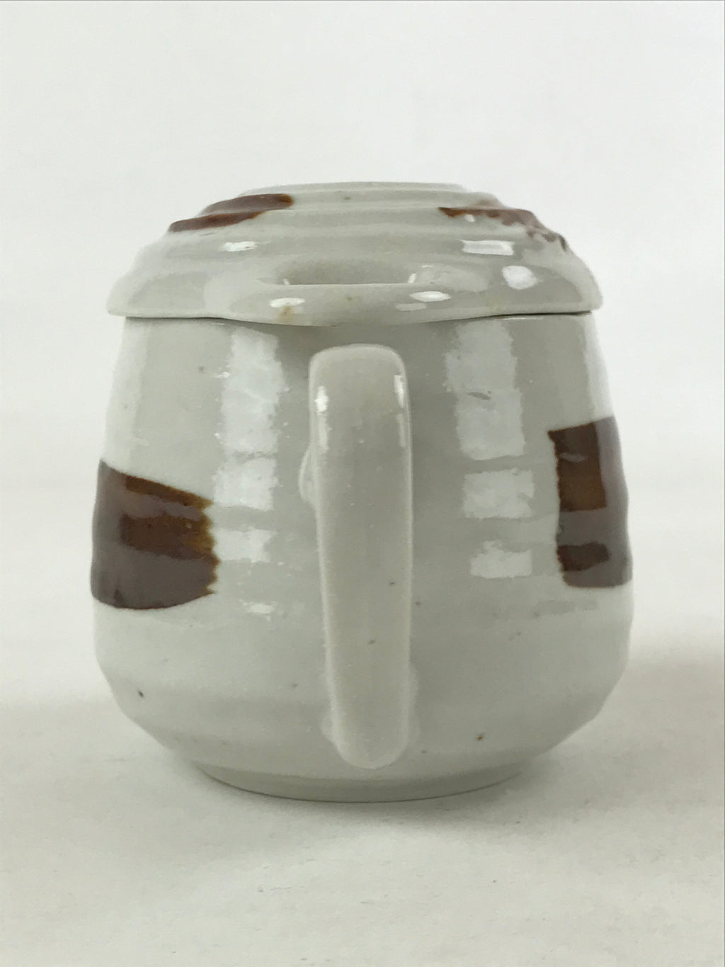 Japanese Ceramic Cup W/ Handle Lid Spoon Vtg White Brown Condiment Box PY536