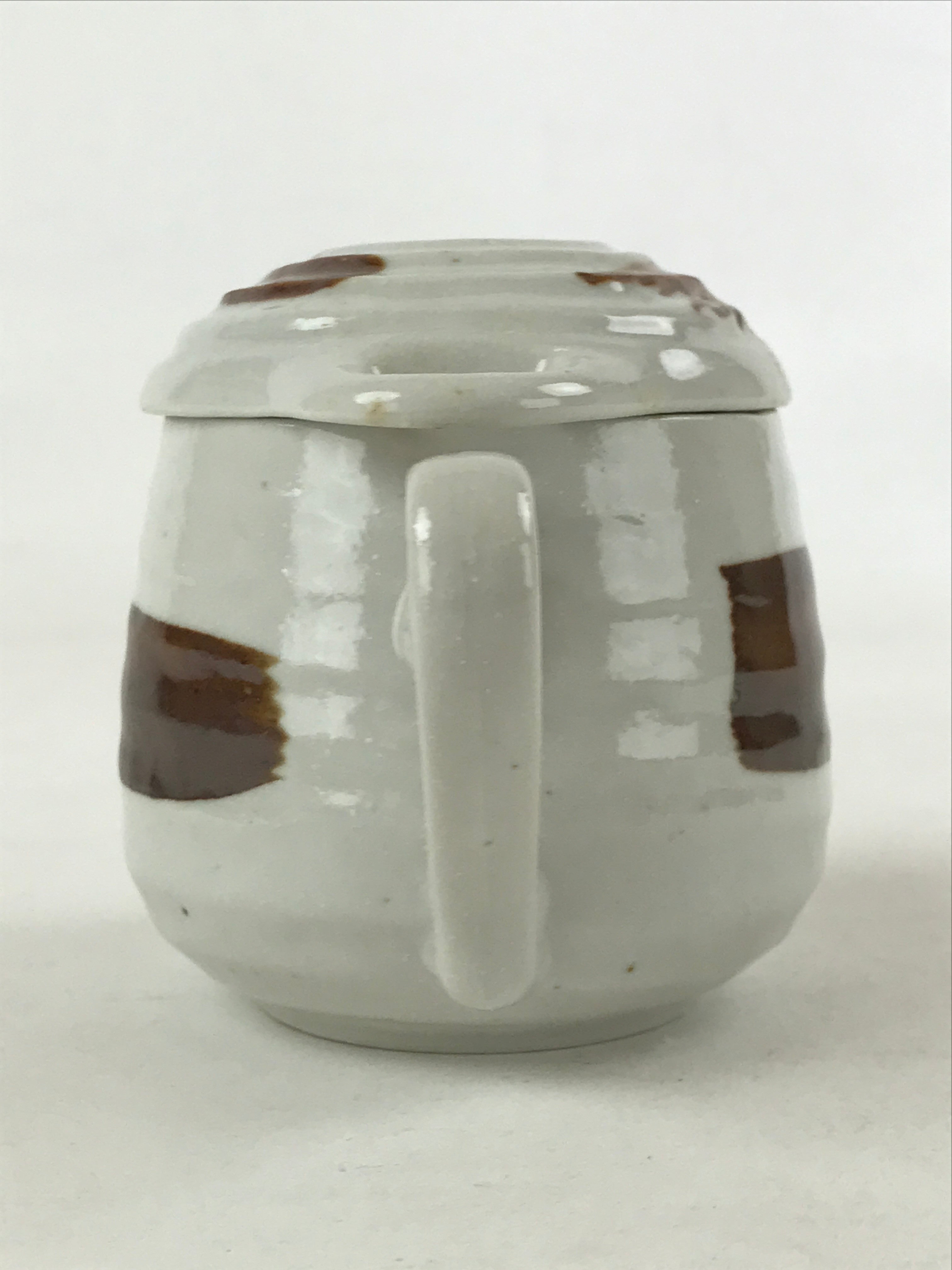 Japanese Ceramic Cup W/ Handle Lid Spoon Vtg White Brown Condiment Box PY536