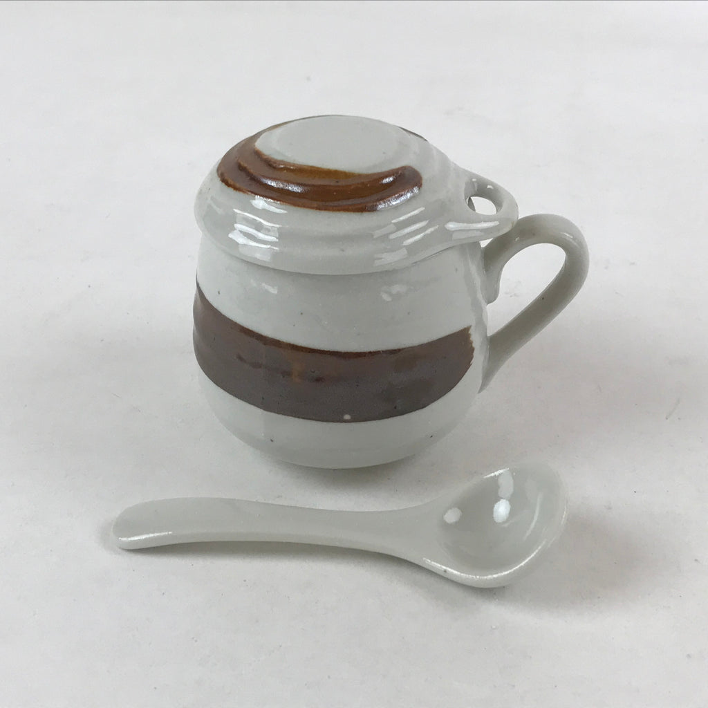 Japanese Ceramic Cup W/ Handle Lid Spoon Vtg White Brown Condiment Box, Online Shop