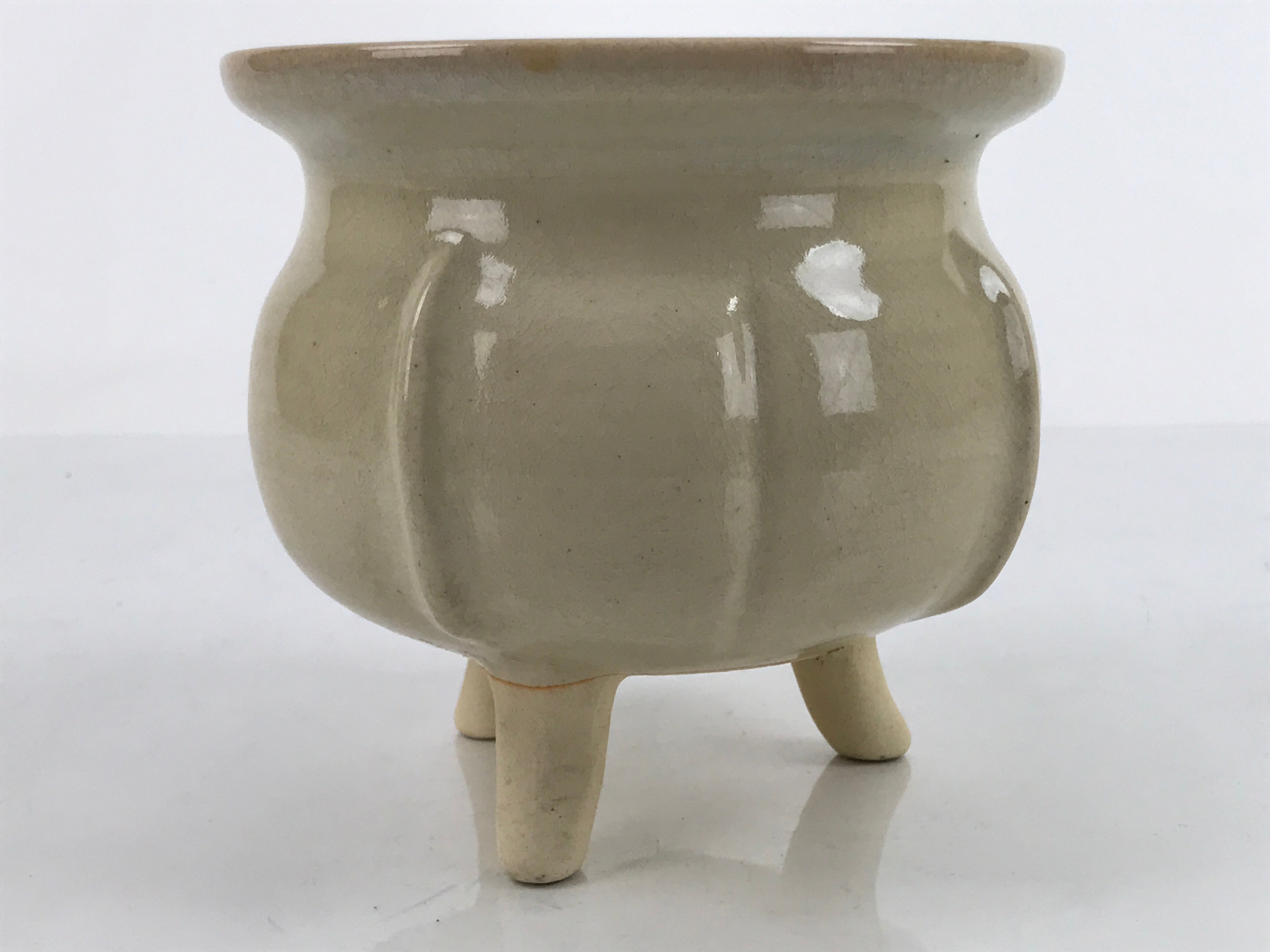 Japanese Ceramic Flower Pot Vtg Pottery Vase Ikebana Arrangement Beige PY865