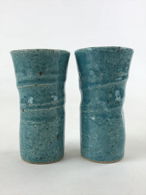 Japanese Ceramic Flower Vase 2pc Set Vtg Small Kabin Blue Crackle Swirl MFV77