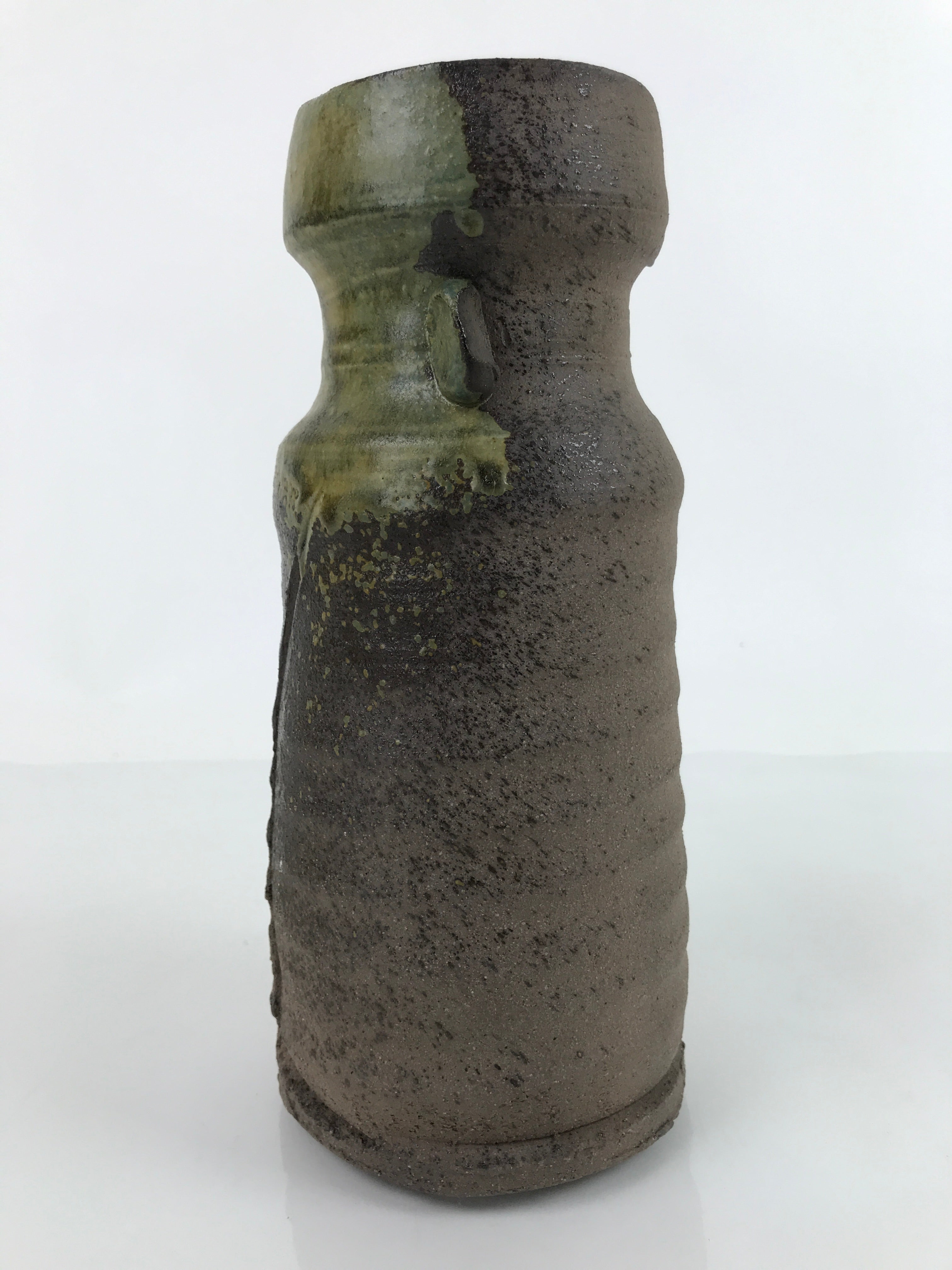 Japanese Ceramic Flower Vase Ash Glaze Vtg Kabin Brown Green Pottery FK106