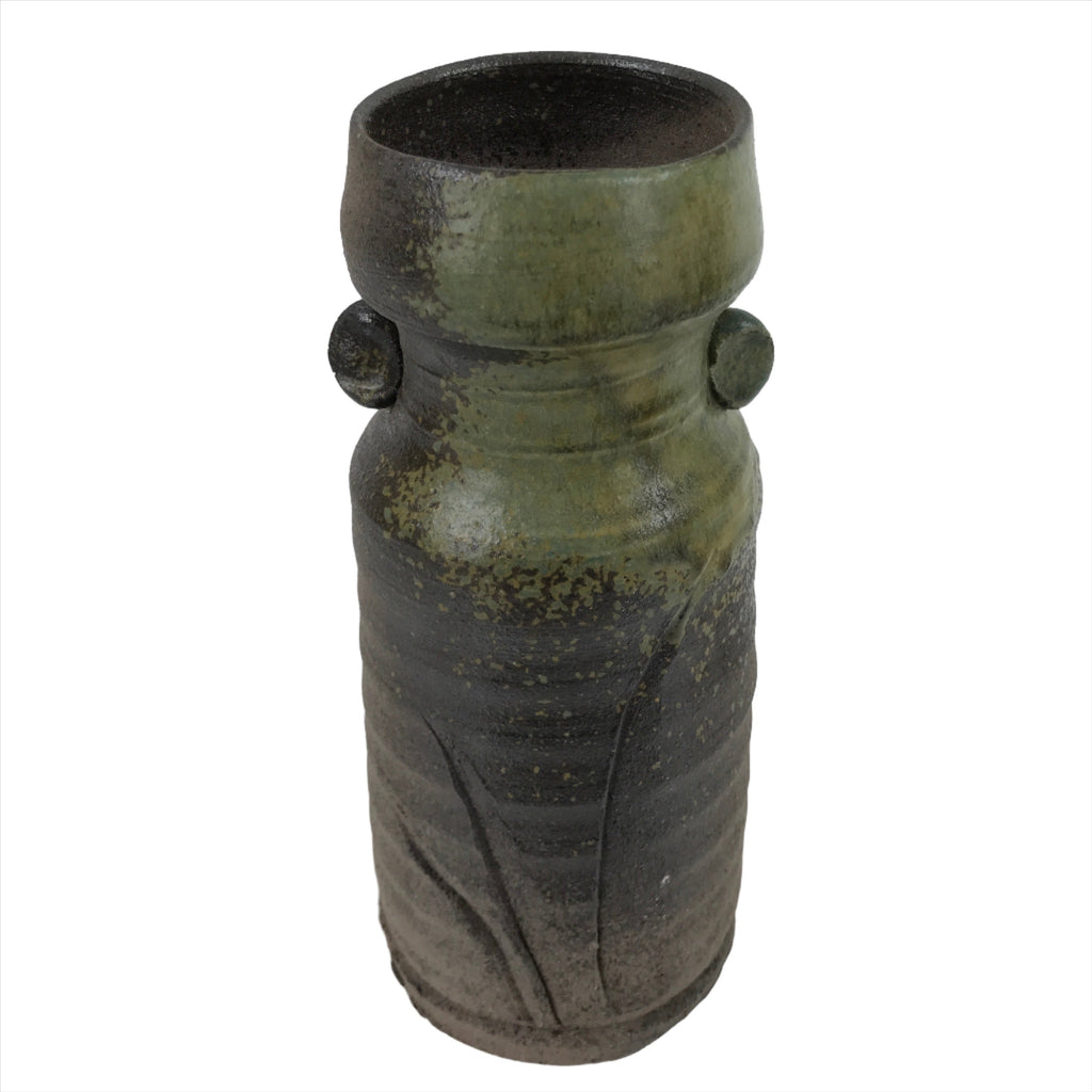 Japanese Ceramic Flower Vase Ash Glaze Vtg Kabin Brown Green Pottery FK106