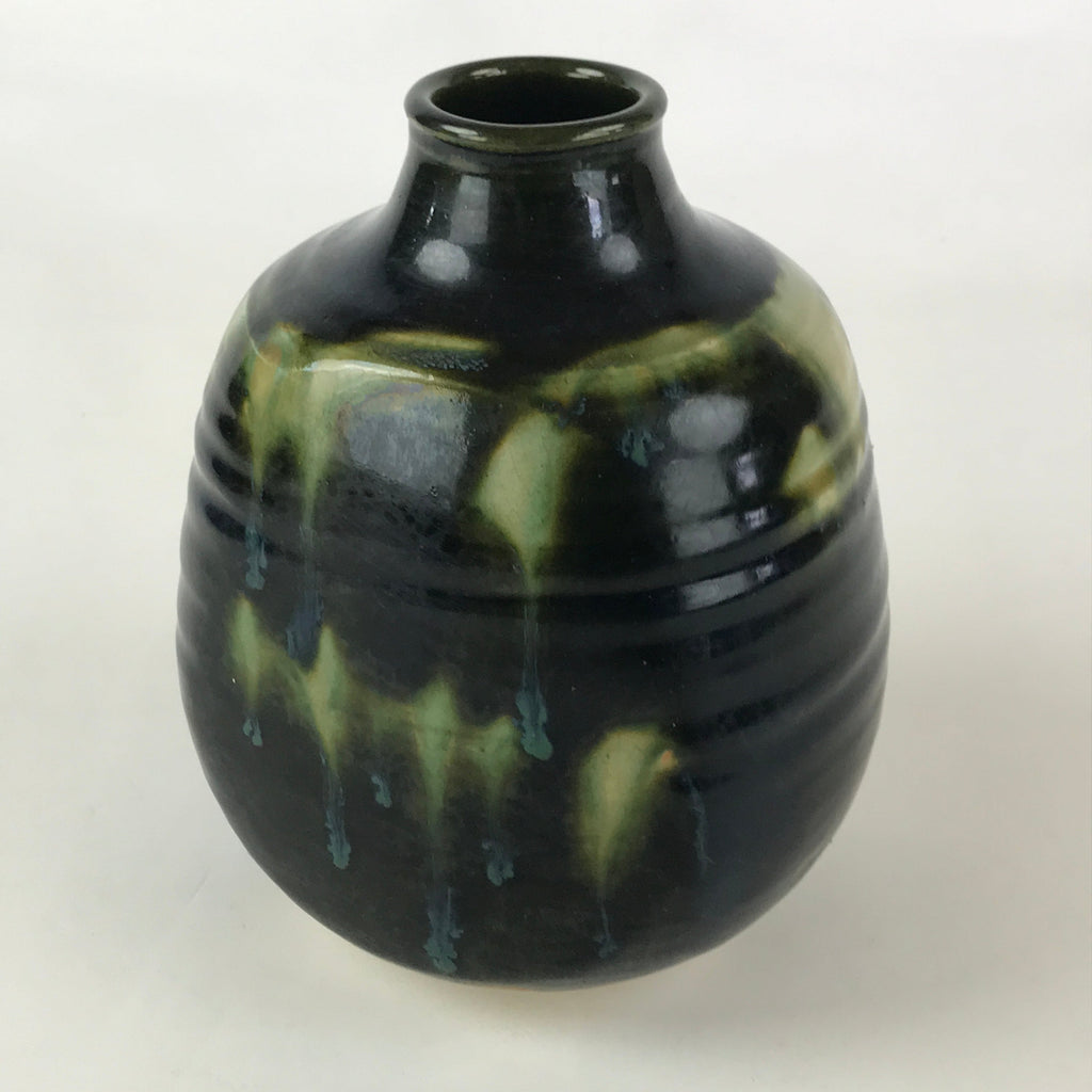 Japanese Ceramic Flower Vase Kabin Pottery Vtg Yakimono Green Glaze FK41