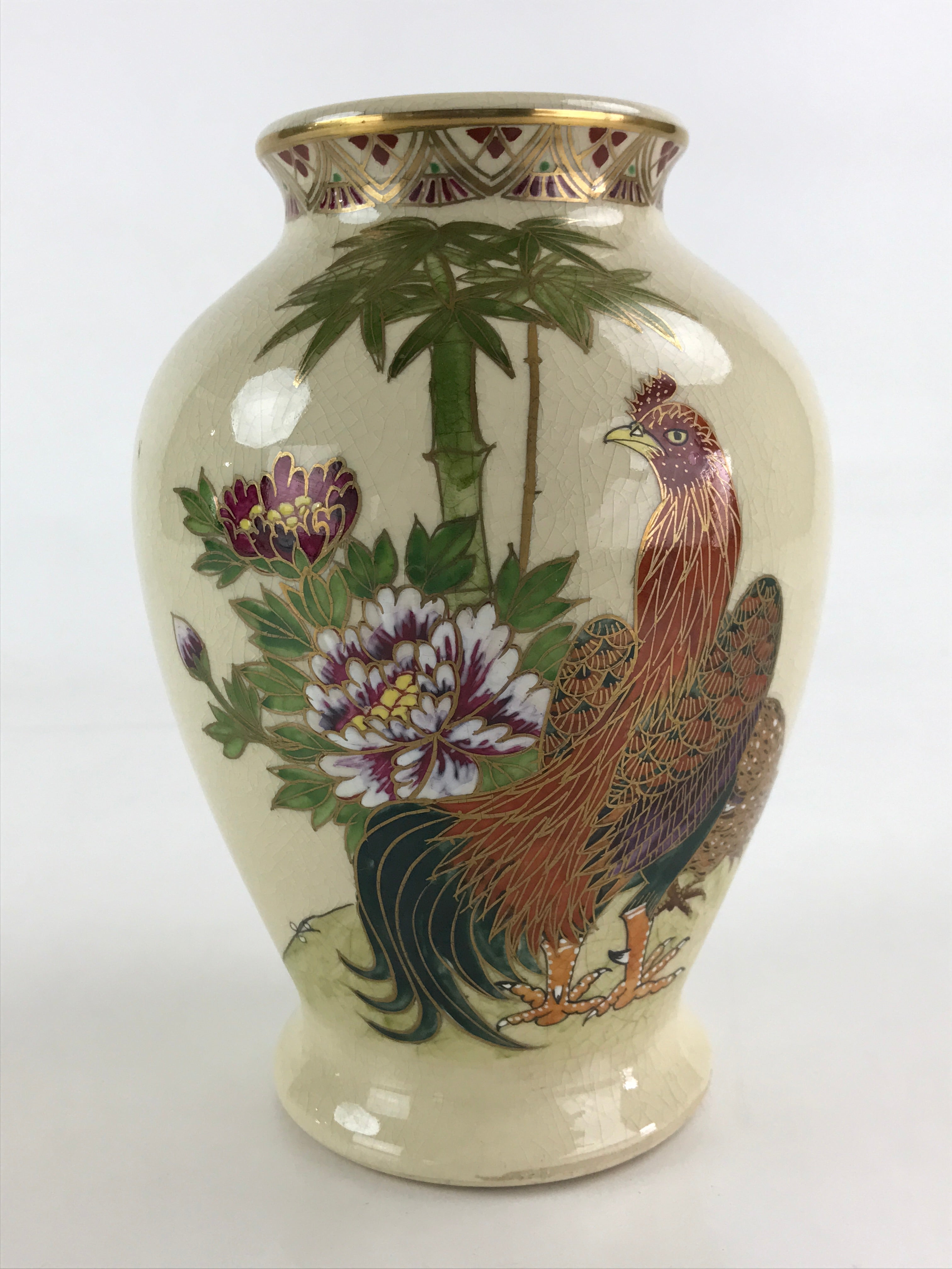 Japanese Ceramic Flower Vase Satsuma ware Vtg Kabin Ikebana Arrangement FK44