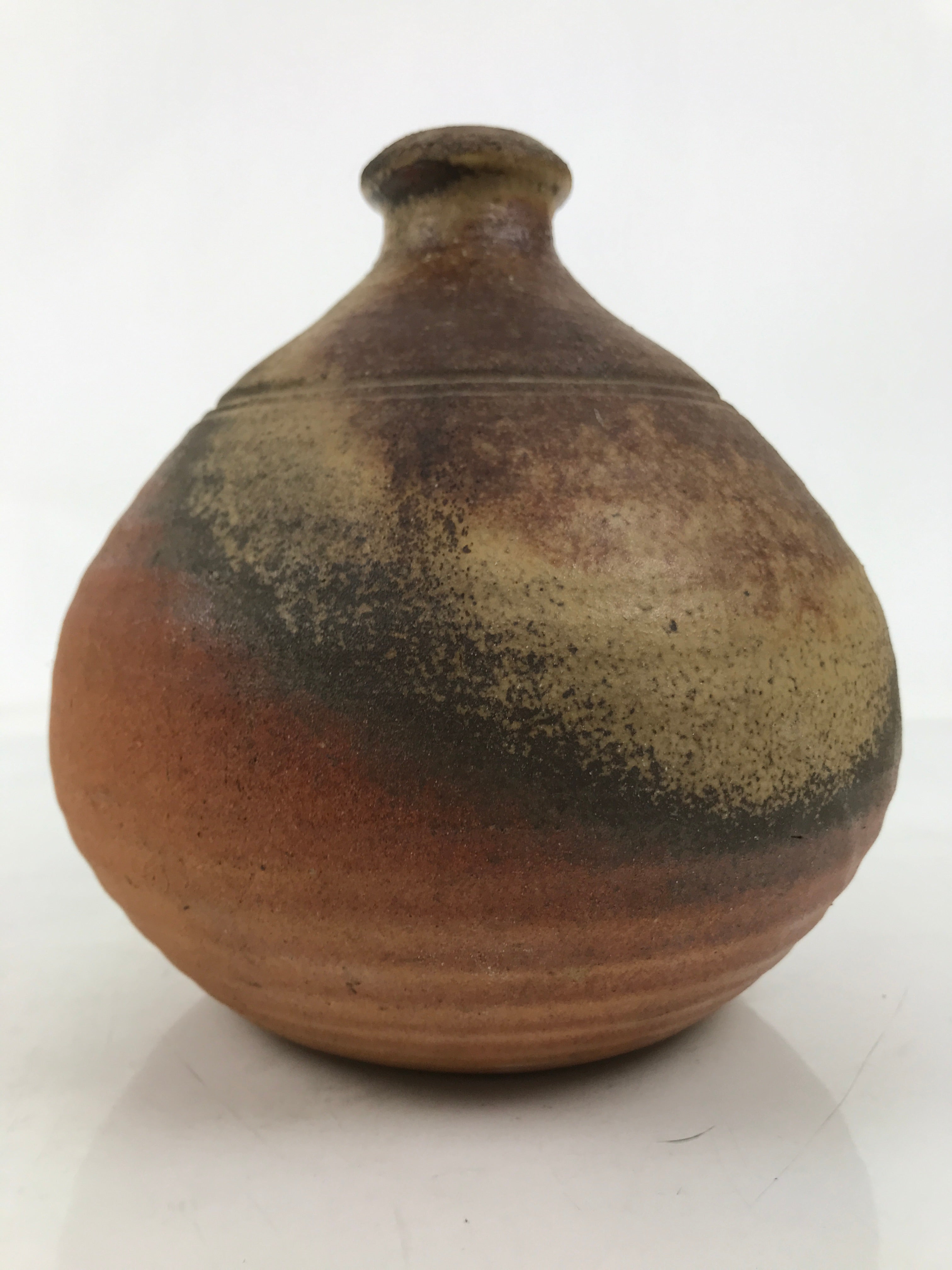 Japanese Ceramic Flower Vase Vtg Bizen ware Brown Beige Gray Round Kabin FK171