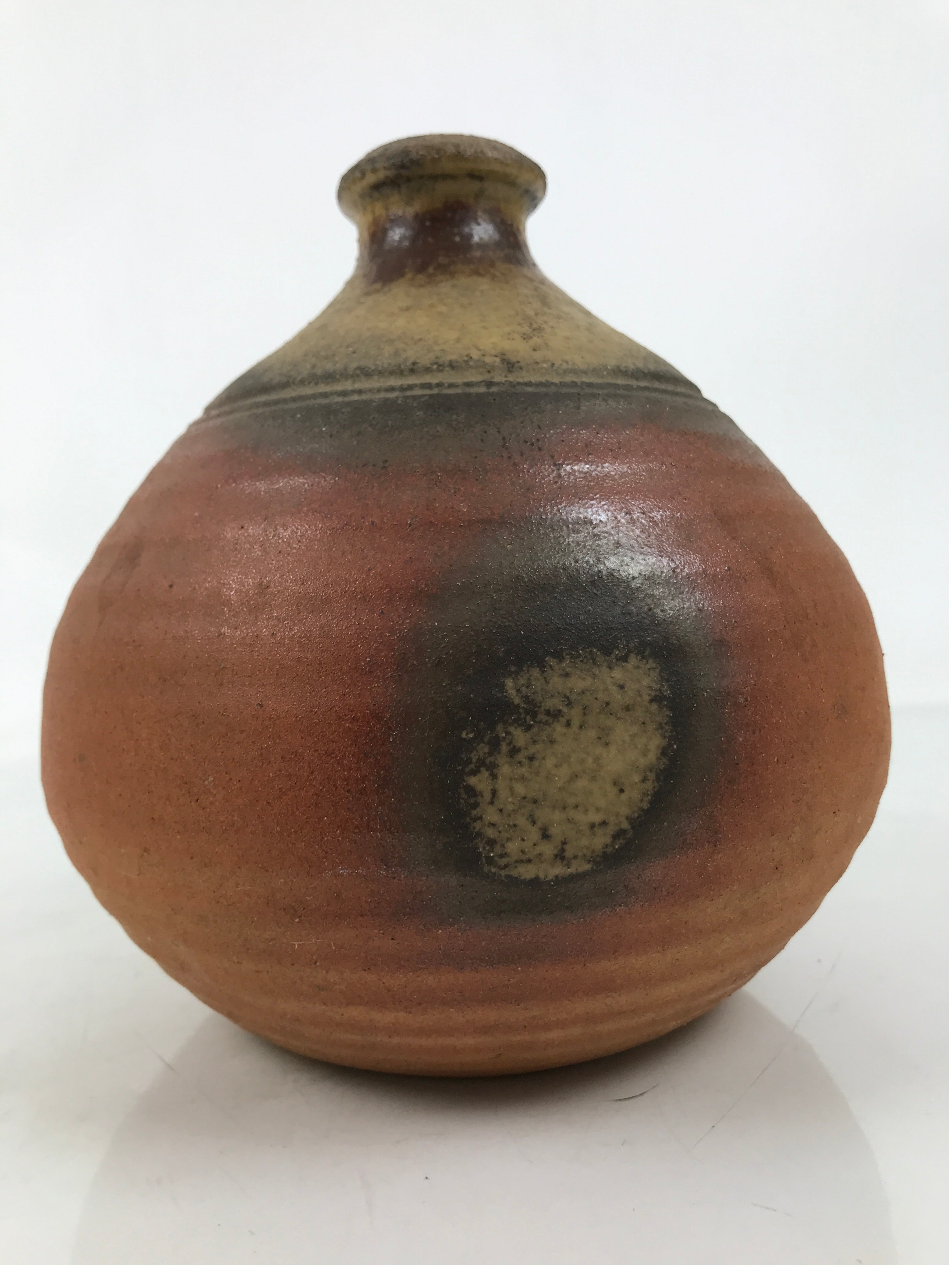 Japanese Ceramic Flower Vase Vtg Bizen ware Brown Beige Gray Round Kabin FK171