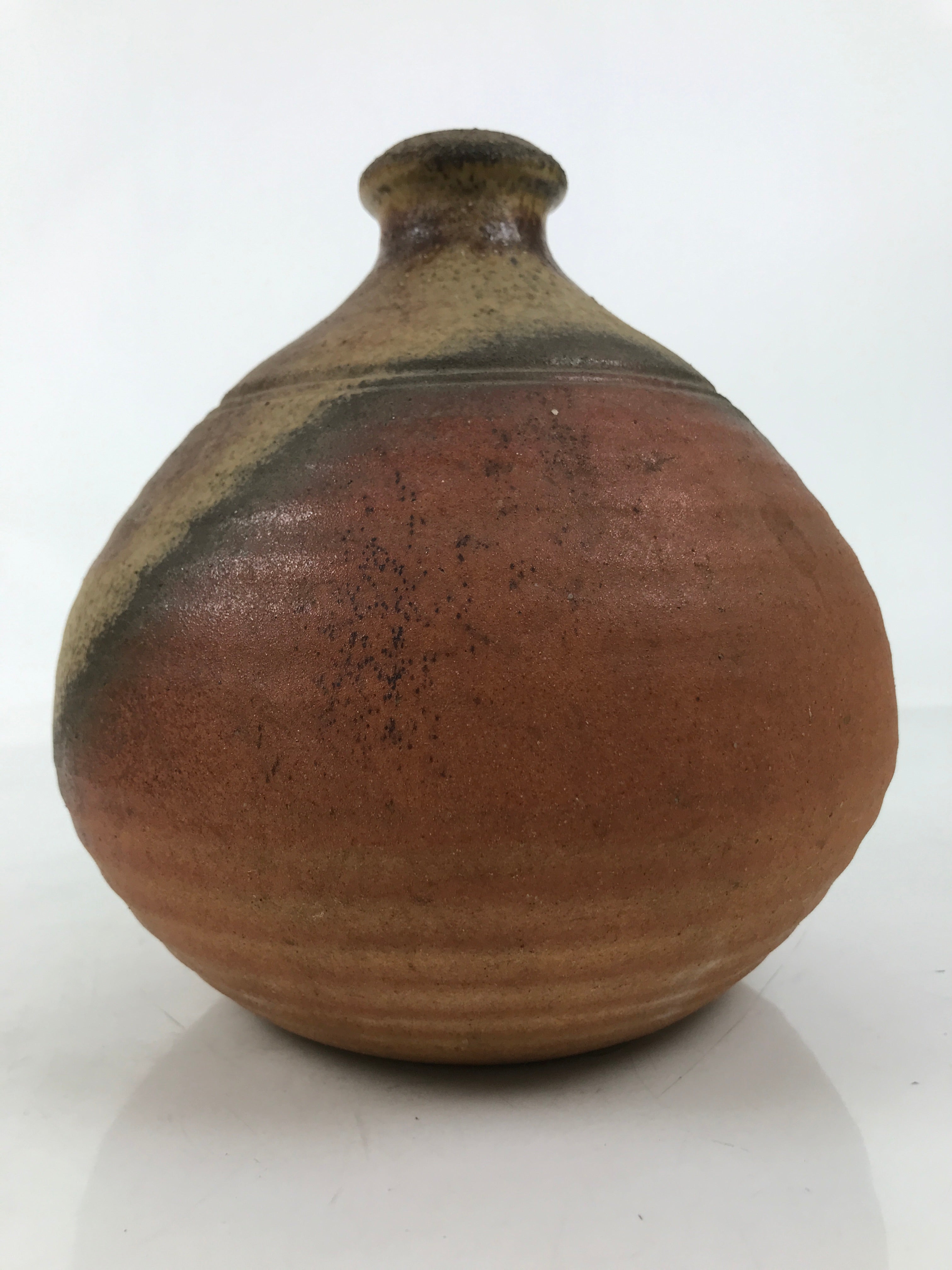 Japanese Ceramic Flower Vase Vtg Bizen ware Brown Beige Gray Round Kabin FK171