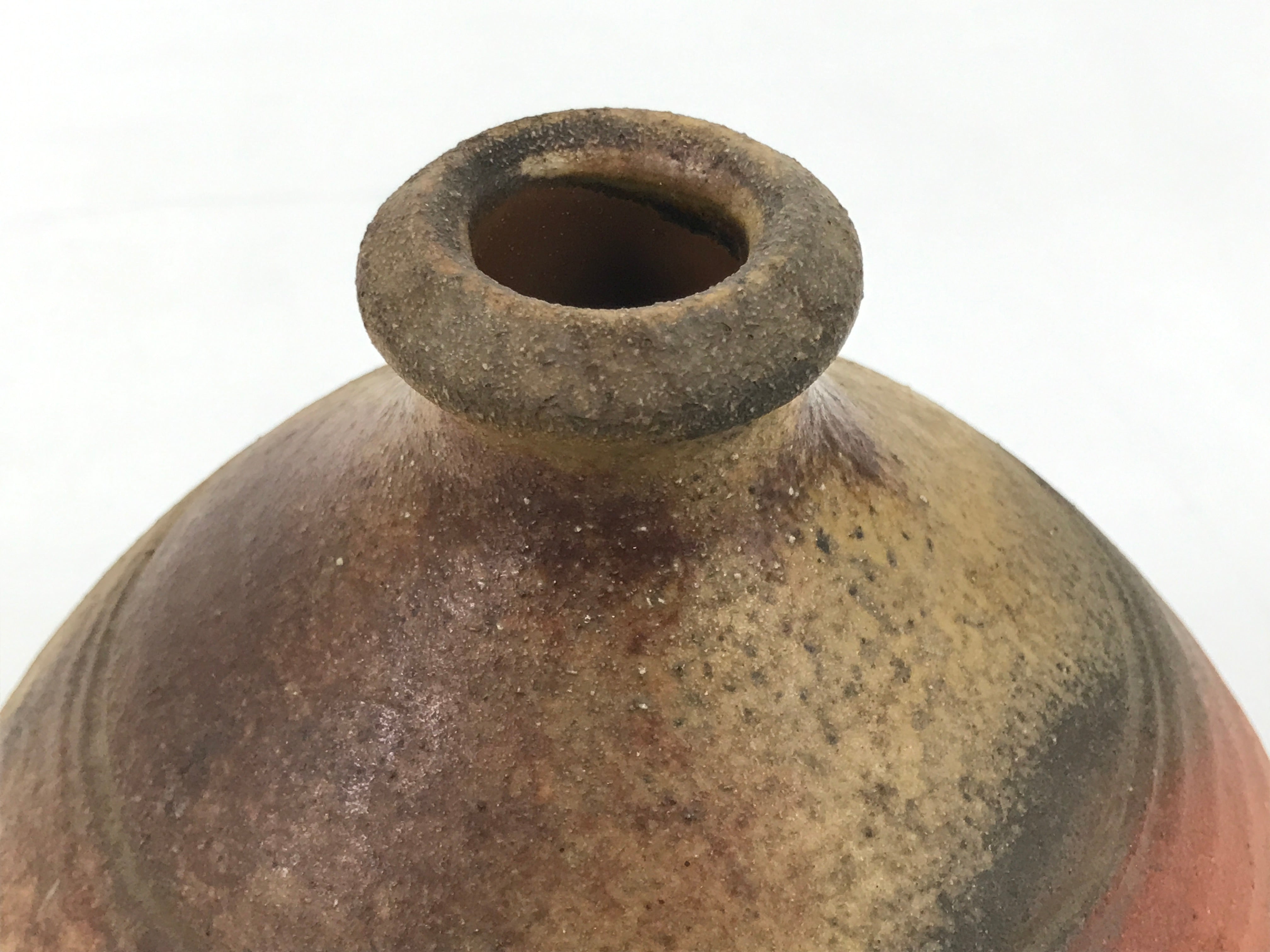 Japanese Ceramic Flower Vase Vtg Bizen ware Brown Beige Gray Round Kabin FK171