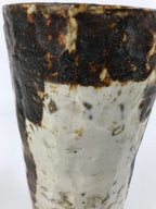 Japanese Ceramic Flower Vase Vtg Cylindrical Pottery Kabin Beige Brown FK165