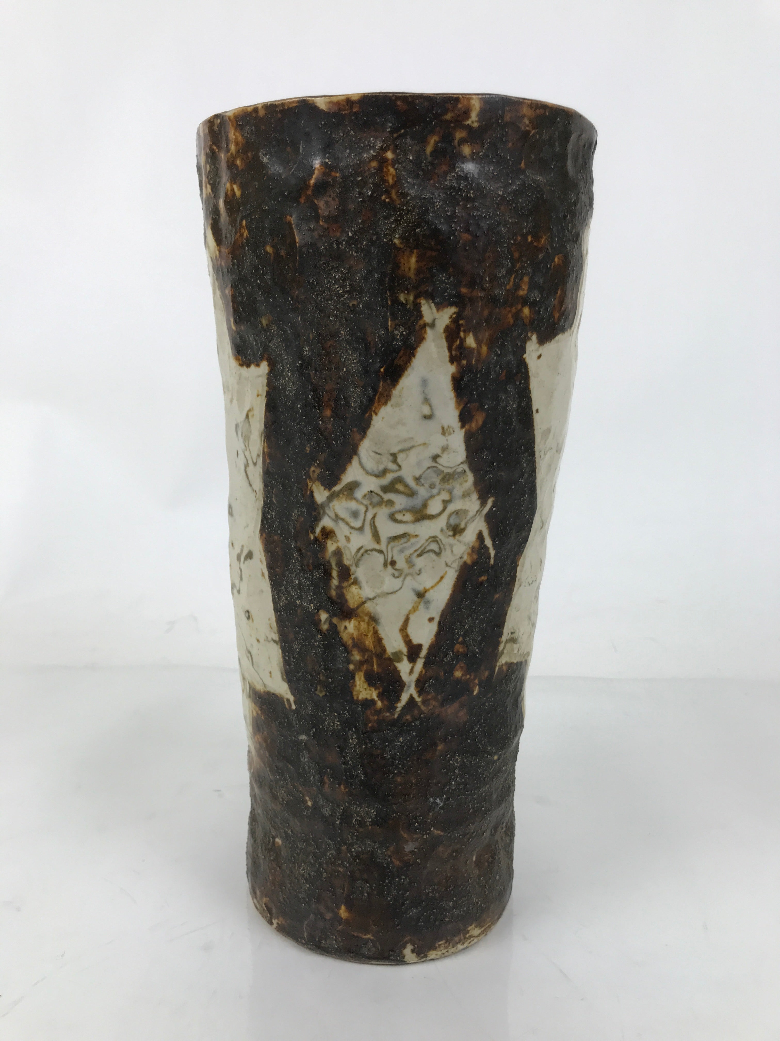 Japanese Ceramic Flower Vase Vtg Cylindrical Pottery Kabin Beige Brown FK165