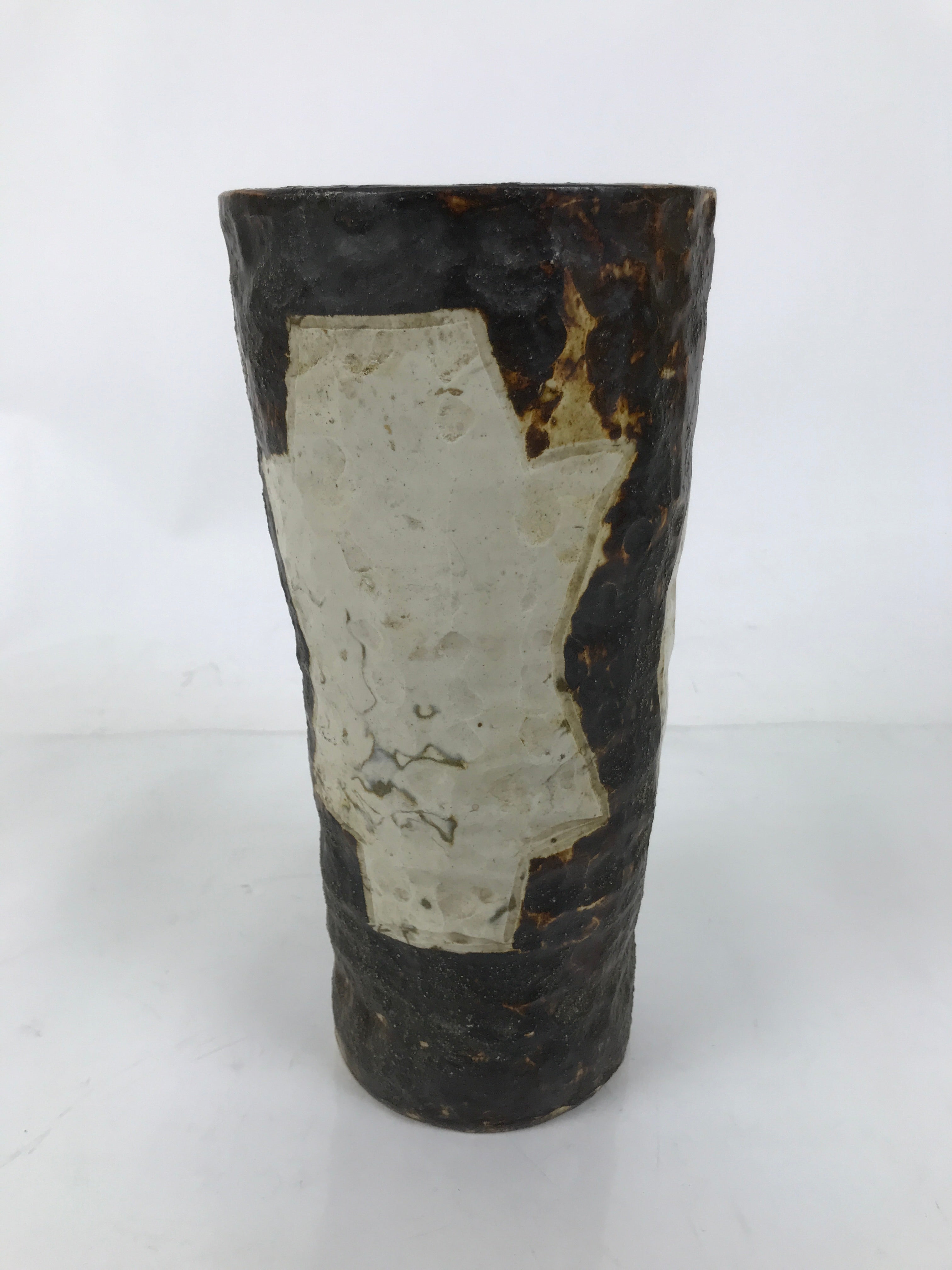 Japanese Ceramic Flower Vase Vtg Cylindrical Pottery Kabin Beige Brown FK165