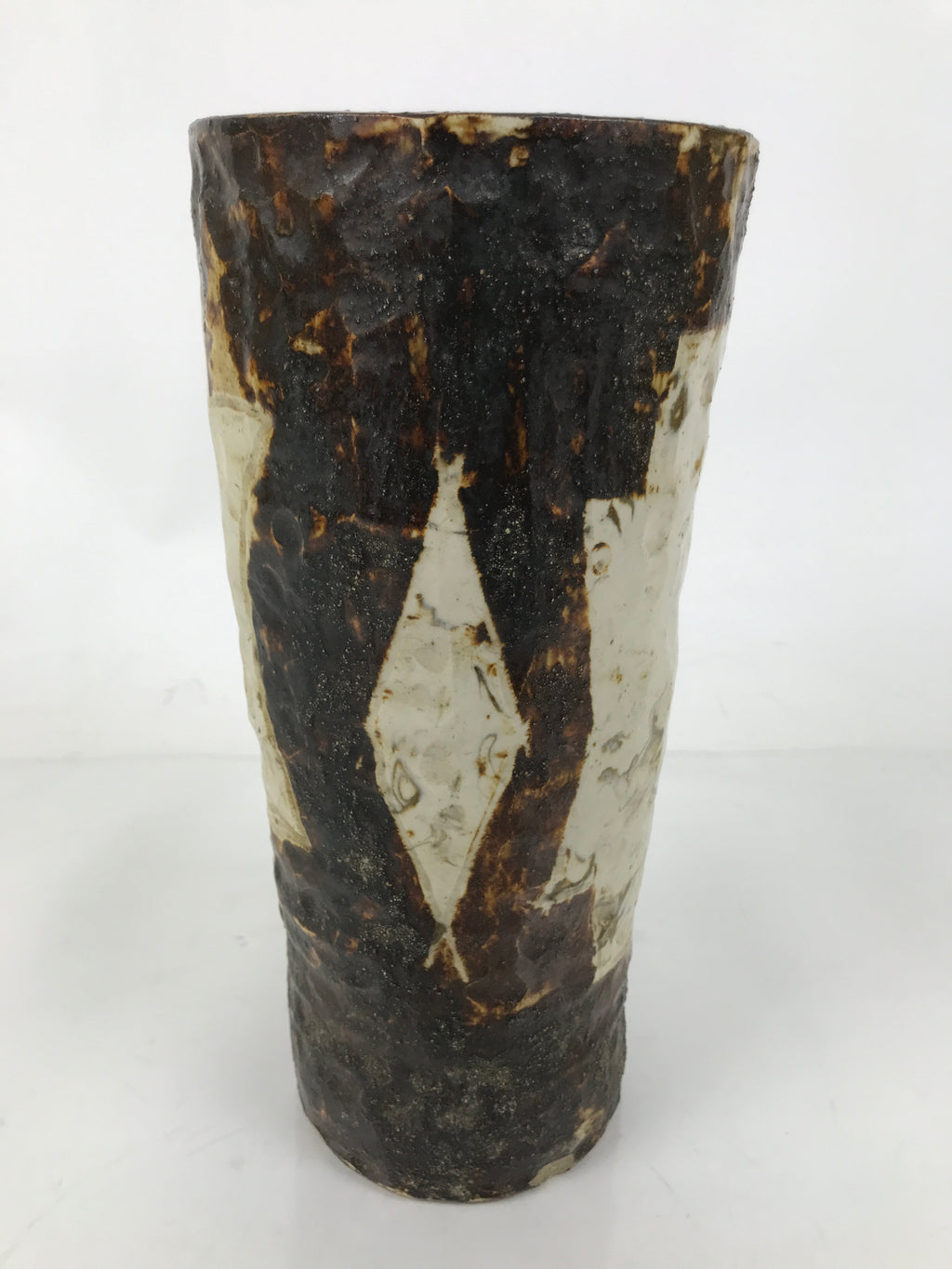 Japanese Ceramic Flower Vase Vtg Cylindrical Pottery Kabin Beige Brown FK165