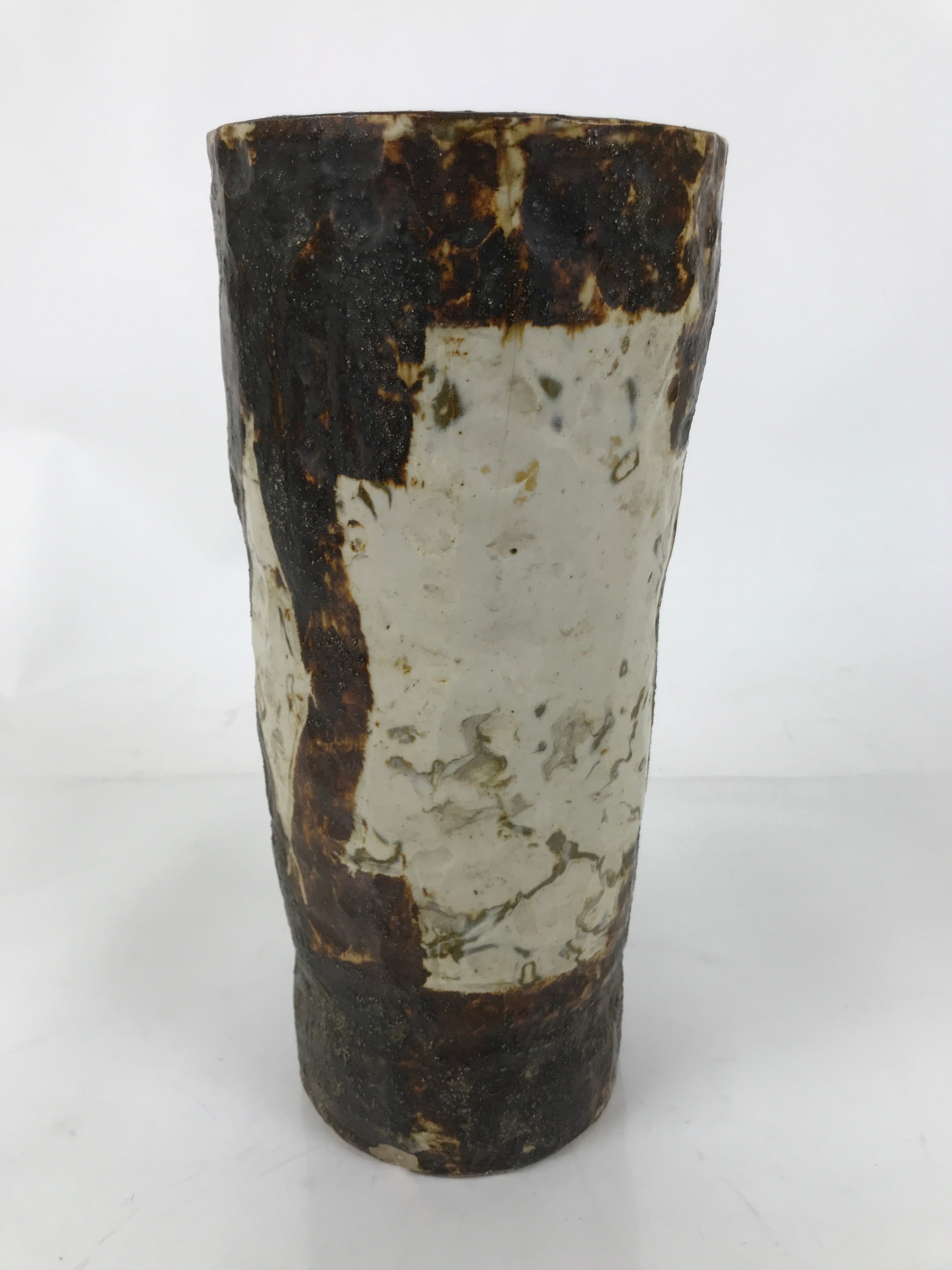 Japanese Ceramic Flower Vase Vtg Cylindrical Pottery Kabin Beige Brown FK165