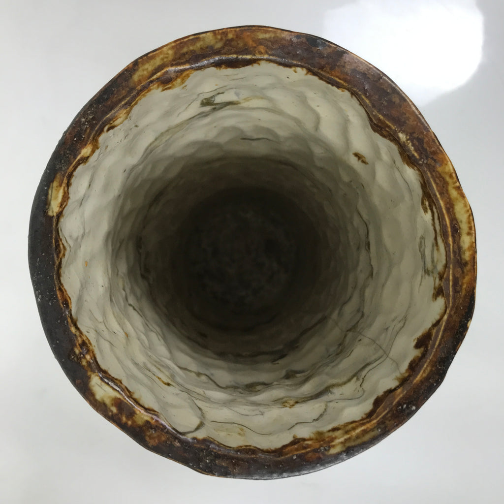 Japanese Ceramic Flower Vase Vtg Cylindrical Pottery Kabin Beige Brown FK165