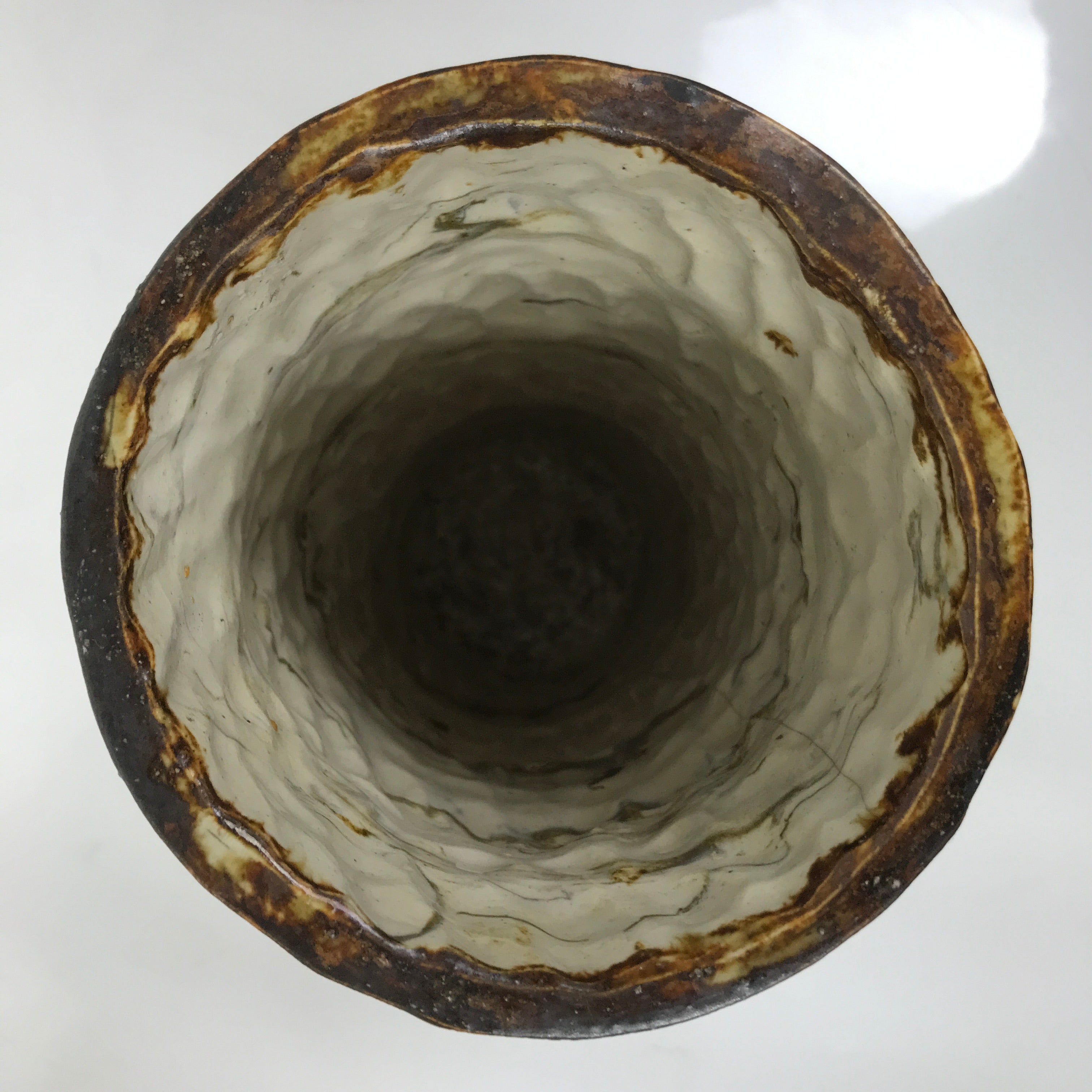 Japanese Ceramic Flower Vase Vtg Cylindrical Pottery Kabin Beige Brown FK165