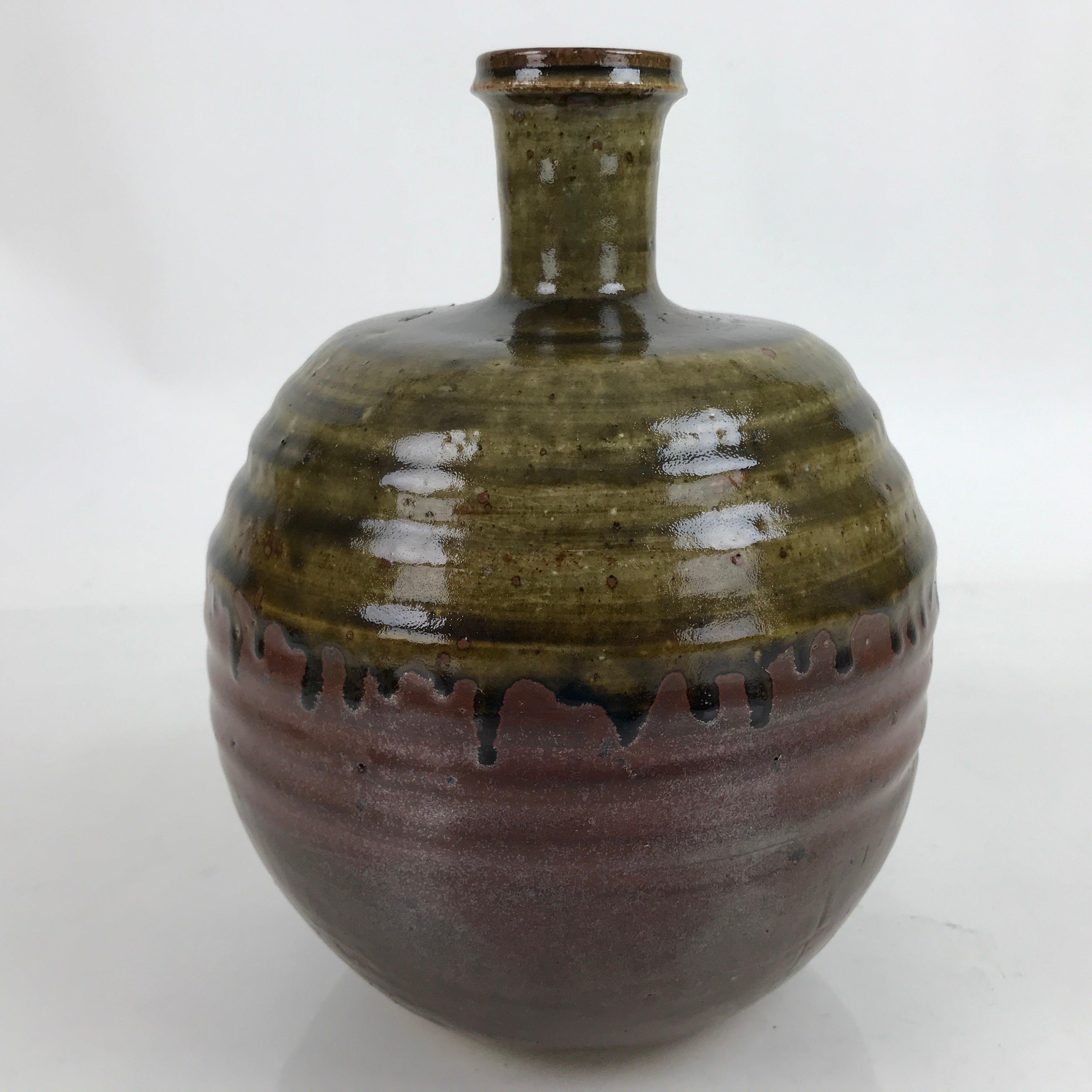 Japanese Ceramic Flower Vase Vtg Ikebana Drip Glaze Pottery Kabin Brown FK127