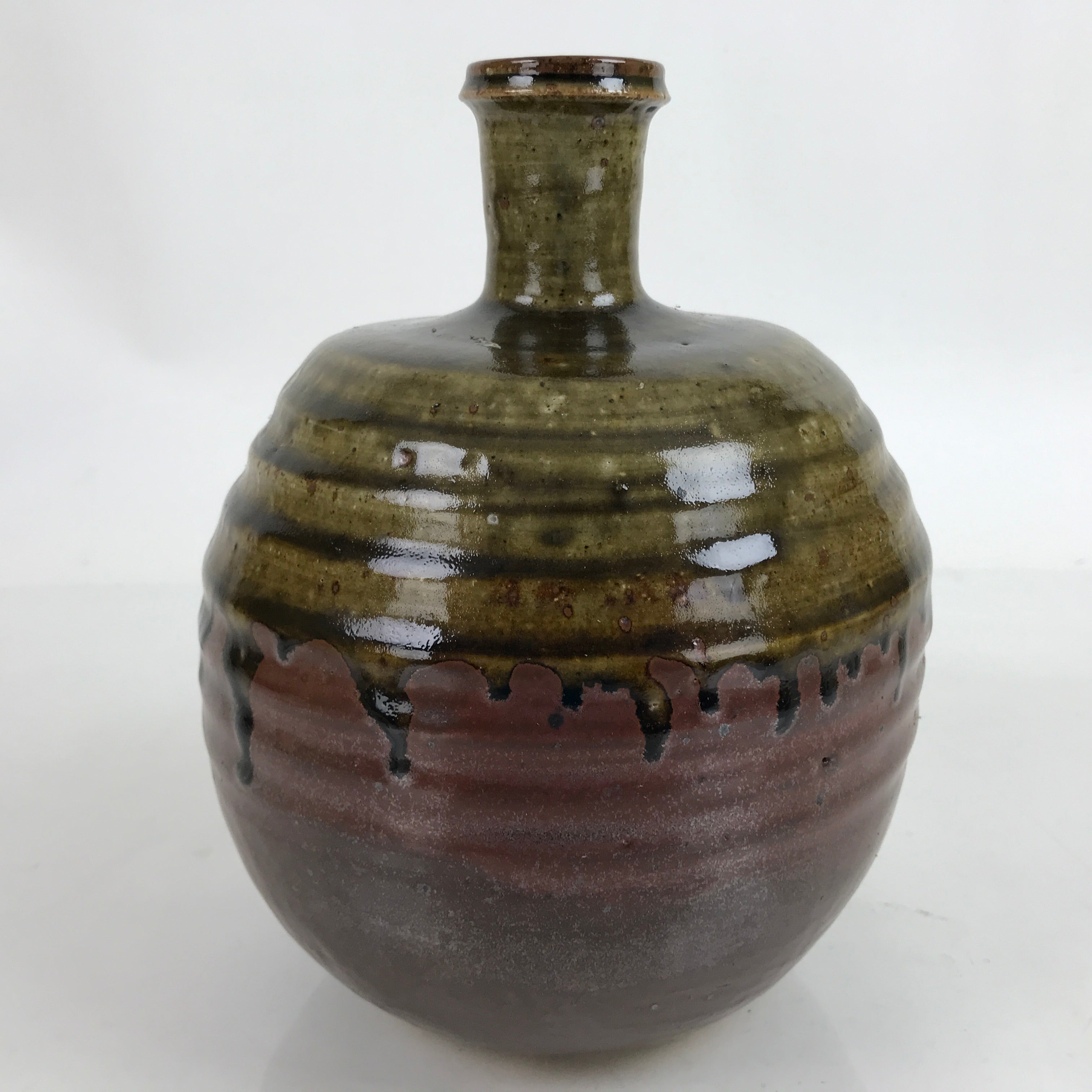 Japanese Ceramic Flower Vase Vtg Ikebana Drip Glaze Pottery Kabin Brown FK127